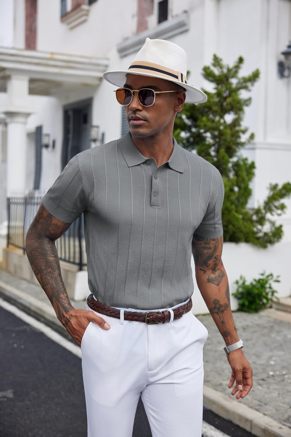 COOFANDY Mens Knit Polo Shirts Short Sleeve Ribbed Textured Polo Shirt Lightweight Casual Golf Shirts Collared T Shirt - Image 3