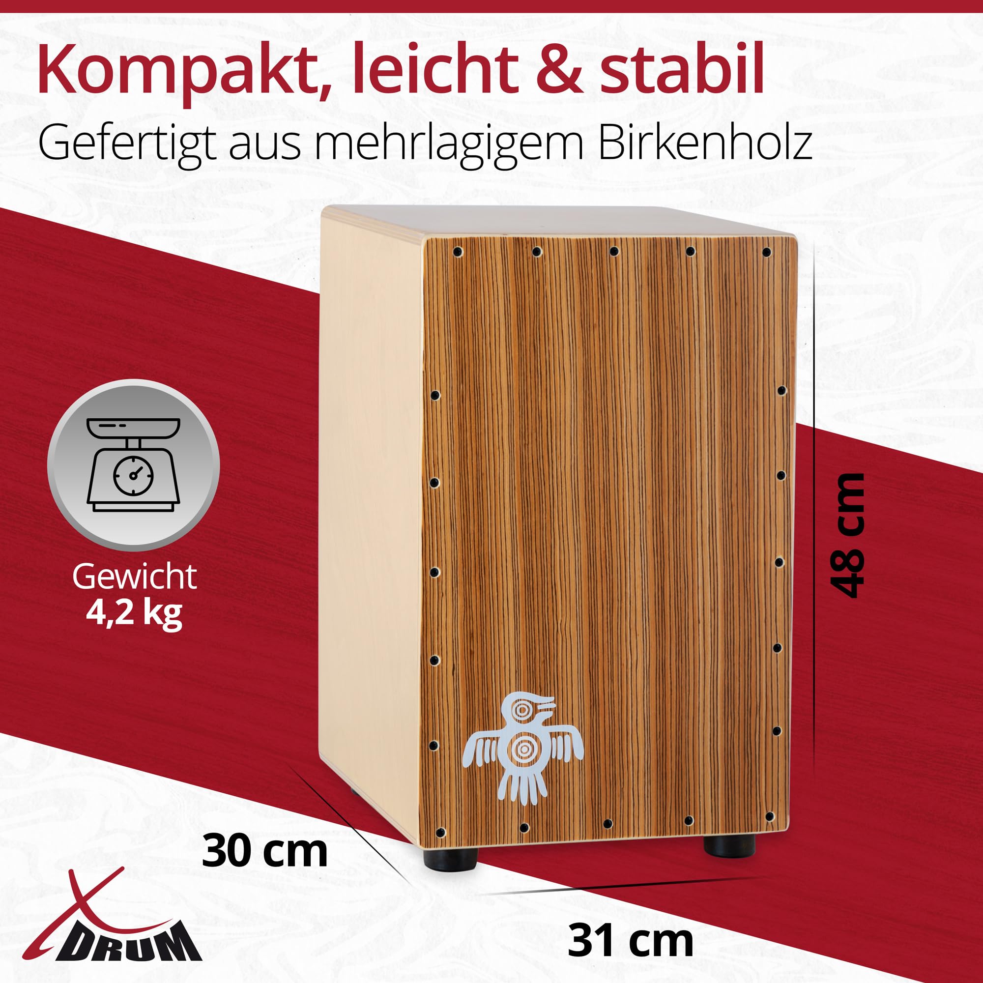 XDrum PERC CP-484 Cajon Peruana Zebrano Set incl. Scuola di Cajon | Suoni di basso e snare molto differenziati e presenti, Battente da 3 mm in Zebrano, Corpo in betulla da 9 mm (7 strati), 5 cm