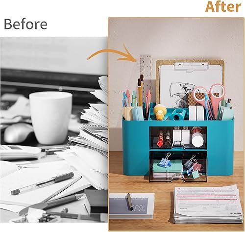 Miniatura 7 de Marbrasse Organizador de bolígrafos con 2 cajones, soporte multifuncional para escritorio, organizadores de escritorio y accesorios con 5