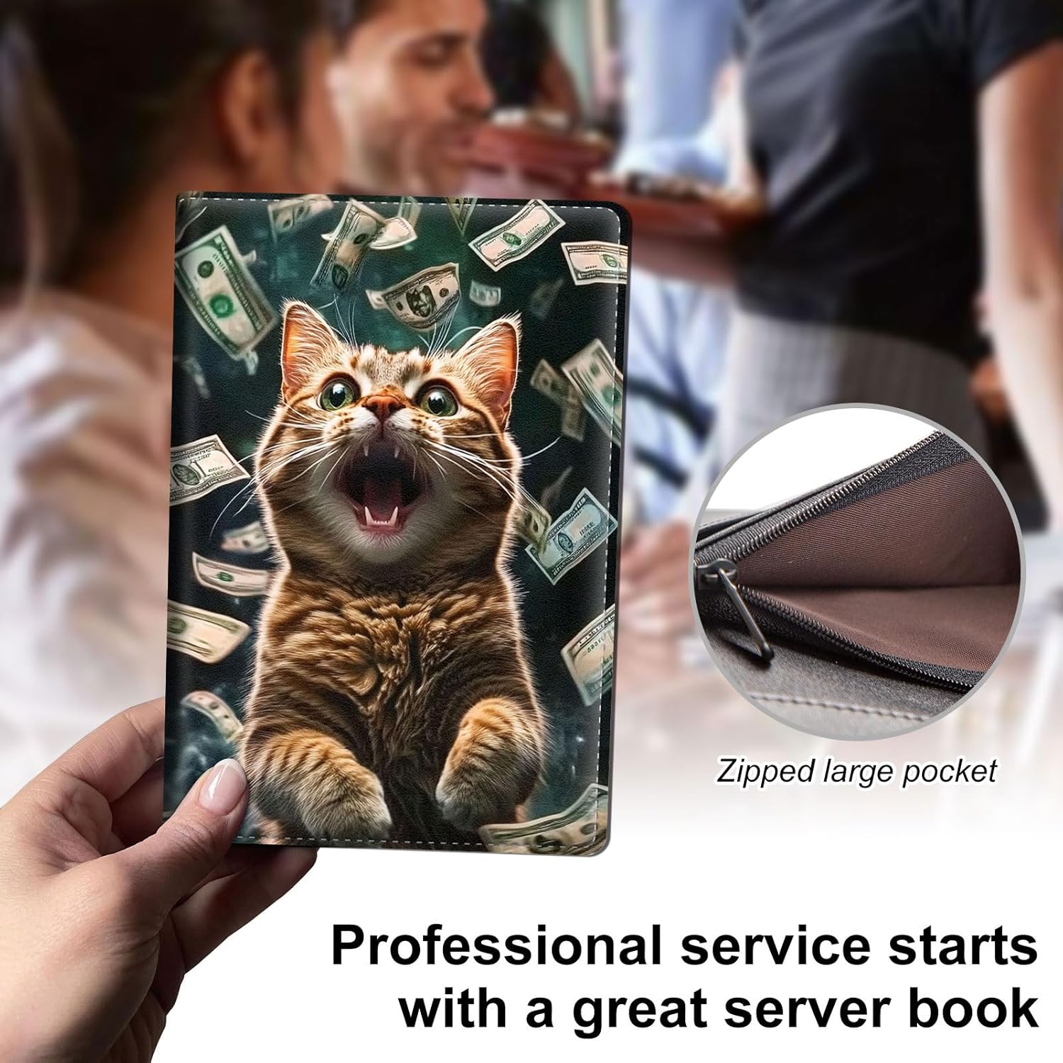 Server Book for Waitress – PU Leather Cute Server Organizer with Zipper Pocket, Card & Money Holder, Pen Loop – Fits Apron – Waitress Book for Servers, Excited Cat