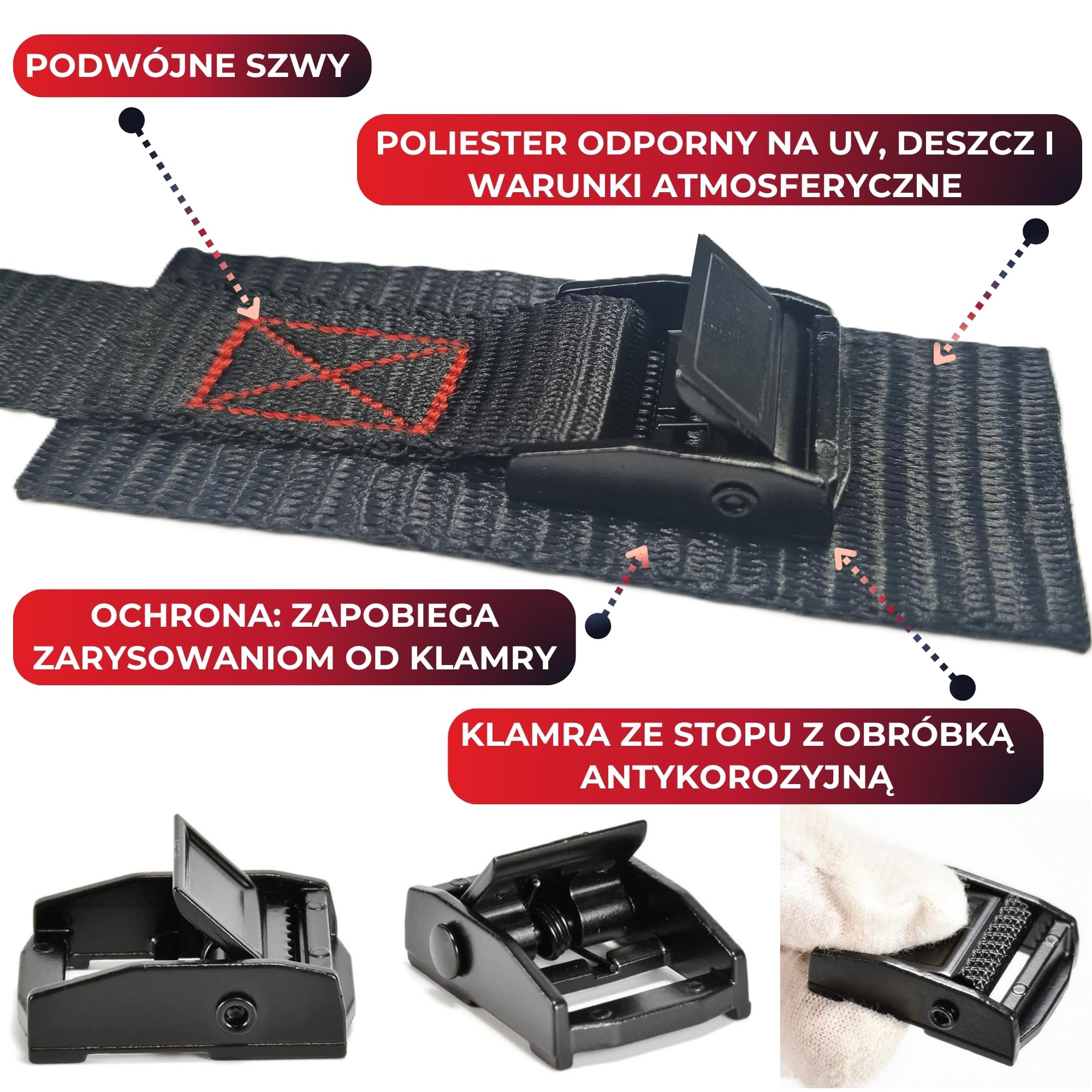 krótkie pasy mocujące 35 cm – 4 sztuki z zamkiem zaciskowym i ochroną pod klamrą – taśmy z poliestru do bagażnika rowerowego na hak, dach lub klapę tylną oraz do uchwytów ściennych w garażu
