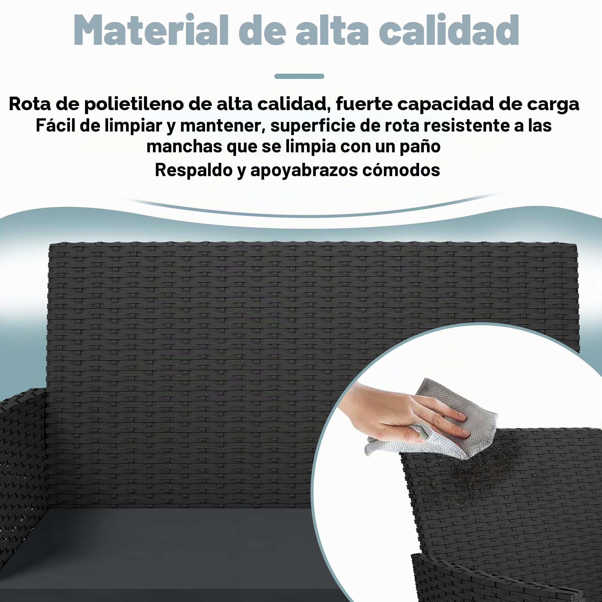 UISEBRT Juego de muebles de balcón – Juego de muebles de jardín de polirratán con sofá de 2 plazas, mesa, sillas individuales y cojines de asiento antracita, color negro