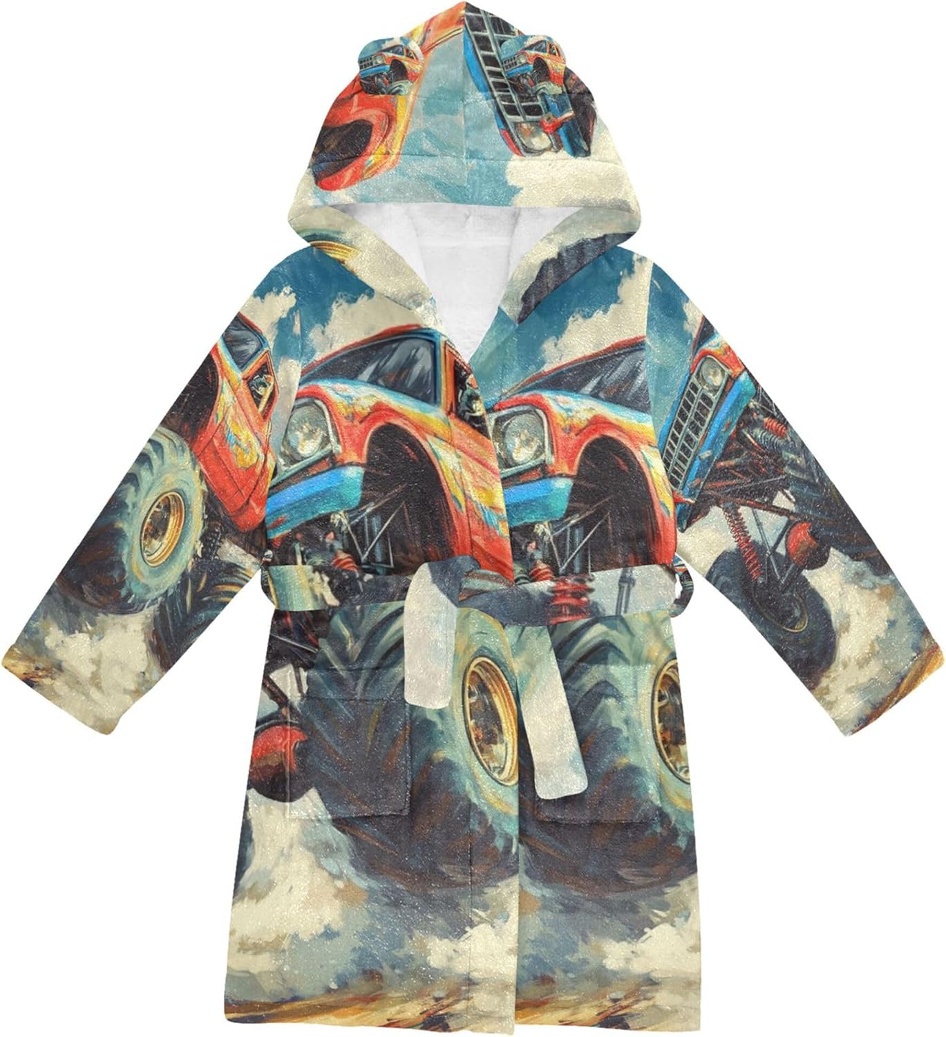 Large Monster Trucks Cars Bathrobe Hooded PJ Robe Soft Fleece Robe Pajama Sleepwears 2-12 Years
