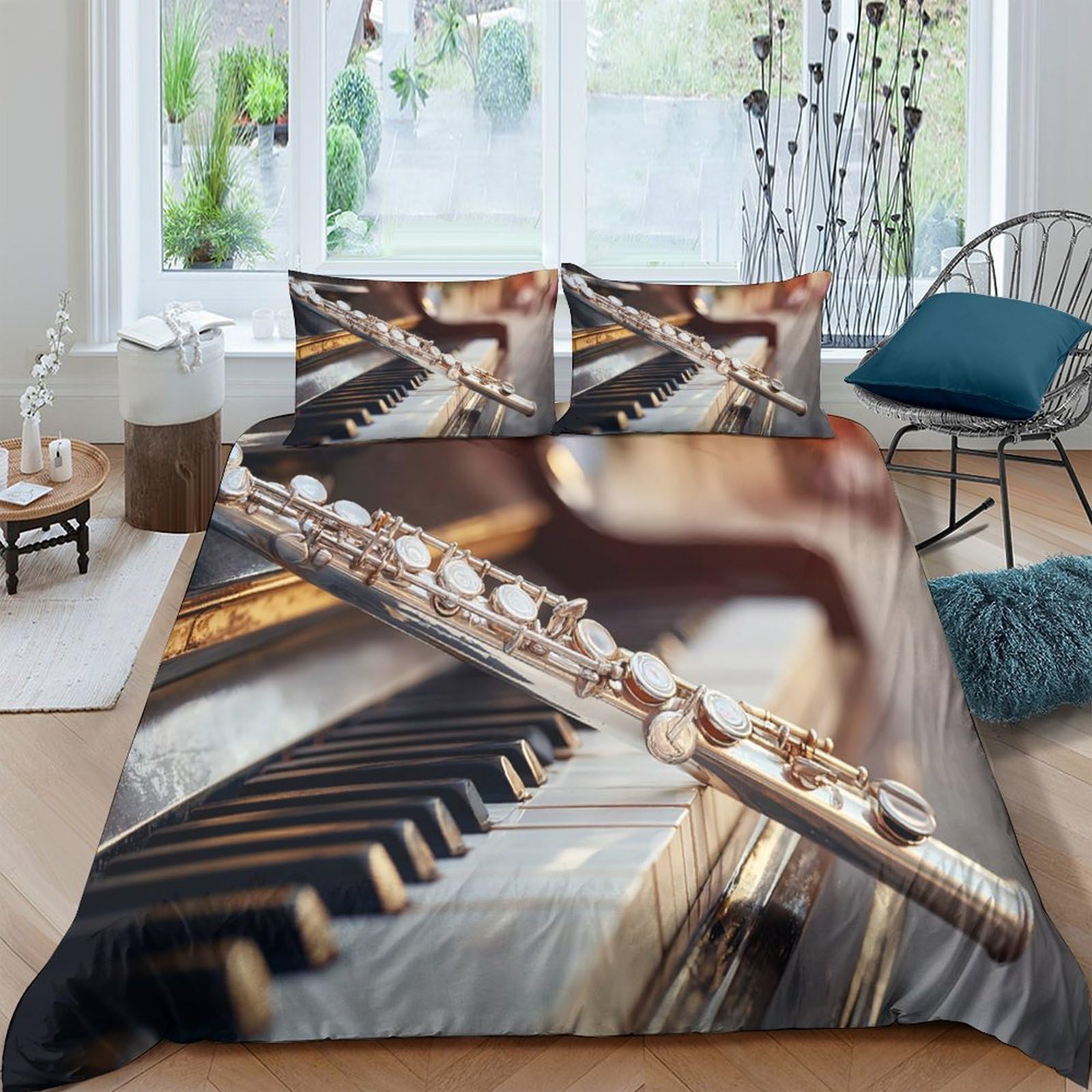 Ctjqhvkz Style-6 3D Printed Flute Piano Fitted Sheet Microfiber Soft Bedroom Decor Music Bed Cover For Home Guest Room Protection Single（135X200cm）