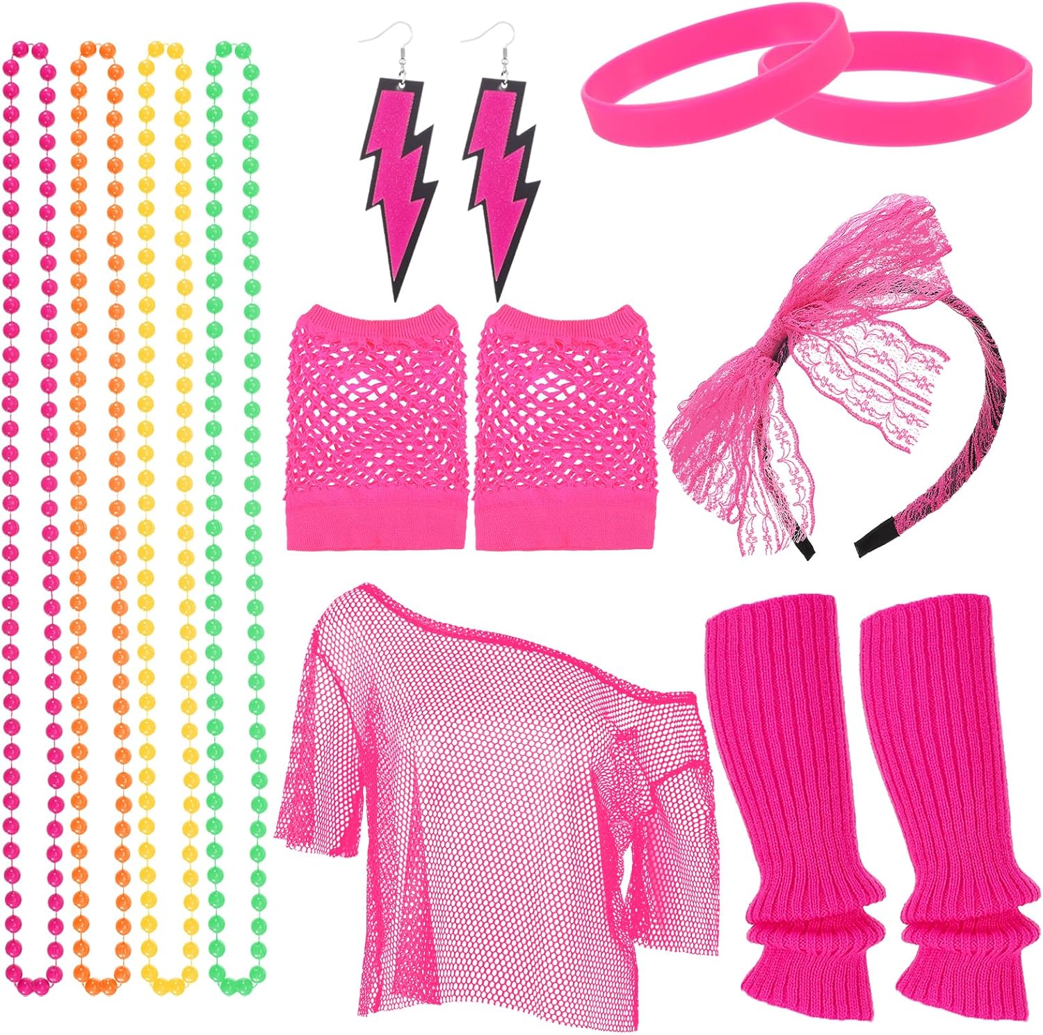 FRIUSATE 80s Fancy Party Costume Accessories Set,Pink Halloween Costumes for Girls,80s Fancy Dress Costumes Accessories with Headband Gloves Leg Warmers Necklace Bracelet Earrings Mesh T-shirt