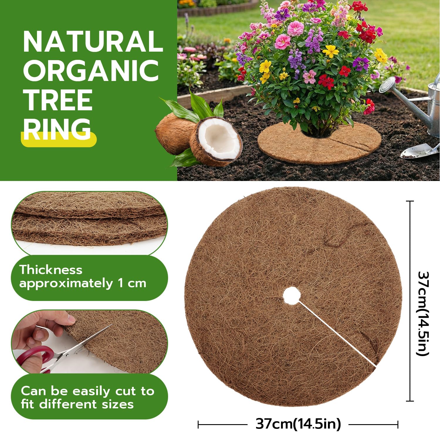 Mcbazel Kokosmatte für Pflanzen Rund,Kokosscheiben für Pflanzen (Ø 37 cm), 4 Set Kokos Mulchscheibe Natürliche Mulchscheiben für Unkrautschutz, Frost, Schutz vor Nässe, Kokosmatte Baumschutz