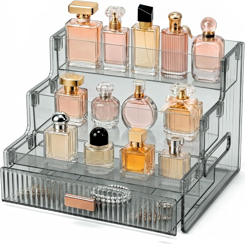 Organizador de Maquiagem Booklov com 3 Níveis, Gaveta Dividida e Suporte para Perfumes, Smoke Gray