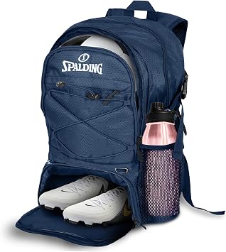 Spalding Soccer Backpack Sports Bag, Navy Soccer Bag with Ball and Shoe Compartment, Use for Track Bags, Sports Ball Accessories & Stuff, Gifts for Sport Players