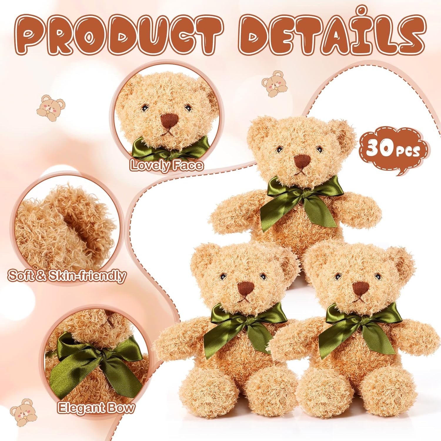 HyDren 30 Pcs Valentines Day Stuffed Animals Plush Bears Gifts Bulk Sleeping Playing Bear Toys with Bow Tie for Birthday Baby Shower Graduation Wedding Party Favor(10 Inch,Brown)