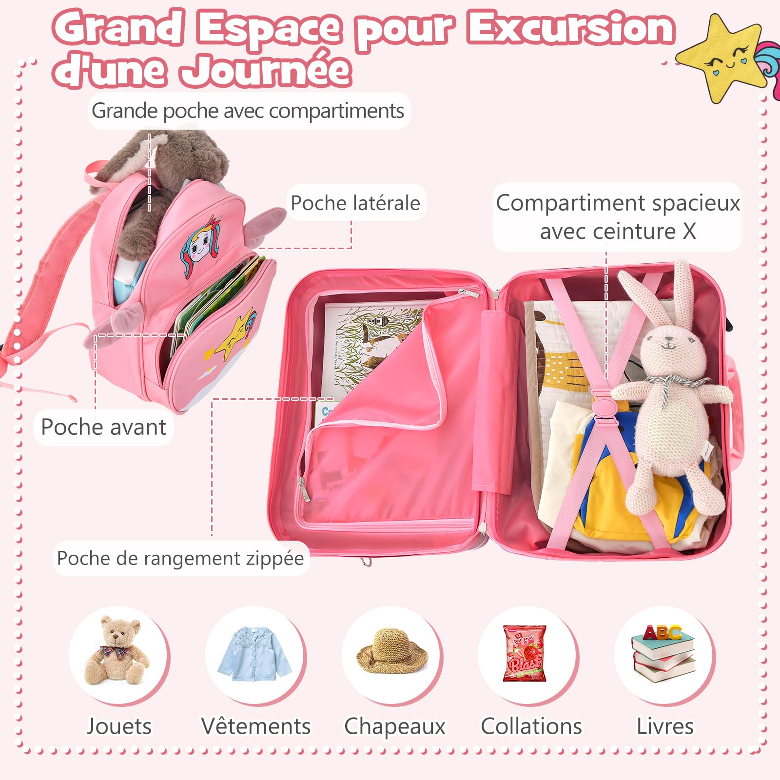 GOPLUS Valise Enfant Fille Garçon, Valise Enfant à roulettes 18" & Sac à Dos 12", Bagage Voyage Enfant d'Assise avec Repose-Pieds, Surface Étanche, Poignée Réglable, Motif Licorne Rose, Charge 50/8KG