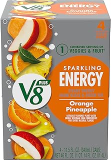 V8 +Energy Sparkling Orange Pineapple Juice Energy Drink, 11.5 fl oz Can (4 Pack)