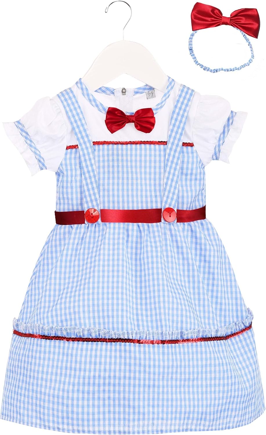 Sweet Kansas Girl Costume For Babies, Infant Farm Girl Outfit With Blue Gingham Dress And Headband With A Ruby Red Bow