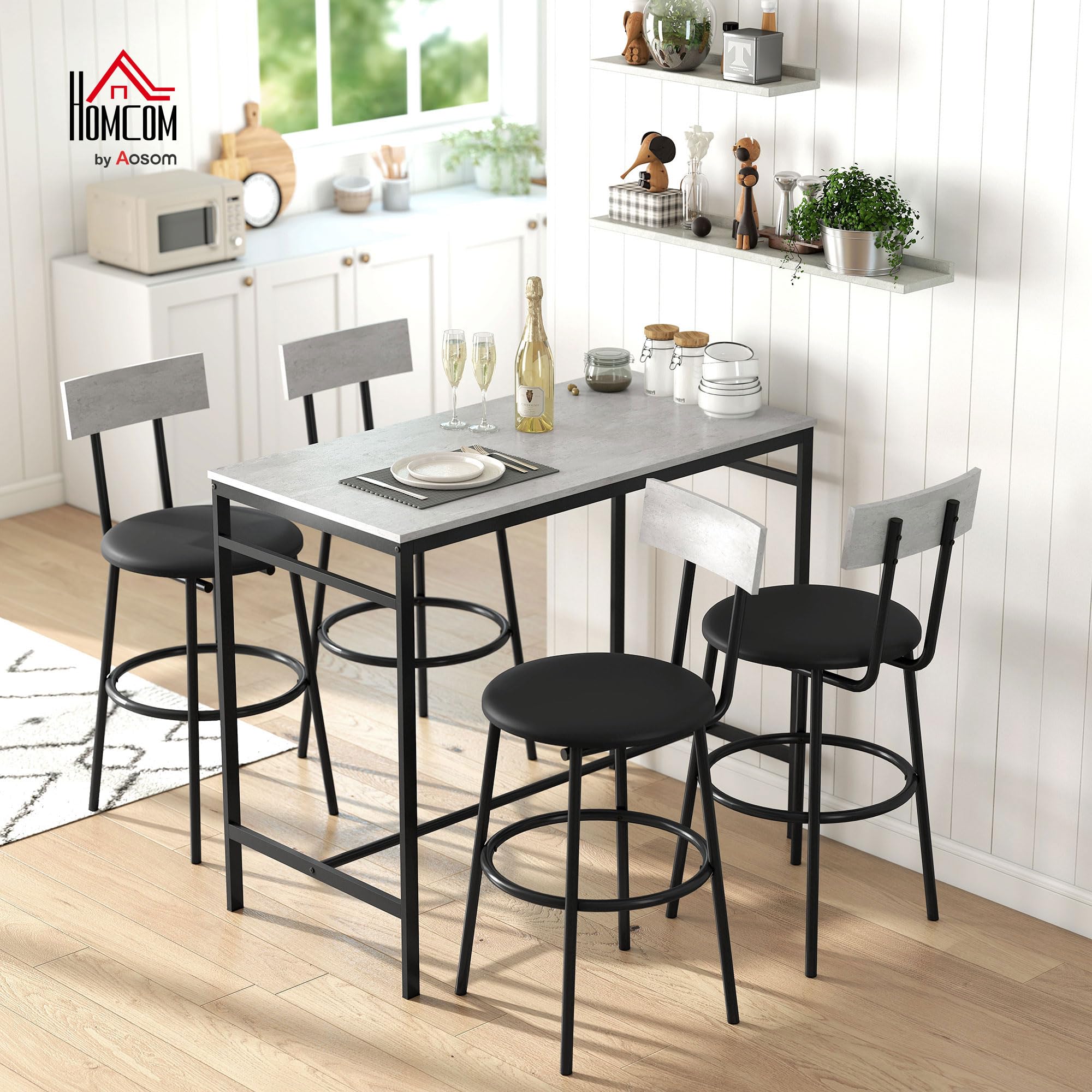 HOMCOM Ensemble table de bar avec tabourets, table haute bar et 4 tabourets, table à manger haute avec chaises, repose-pieds, structure en acier, style industriel, pour salle à manger et cuisine, gris