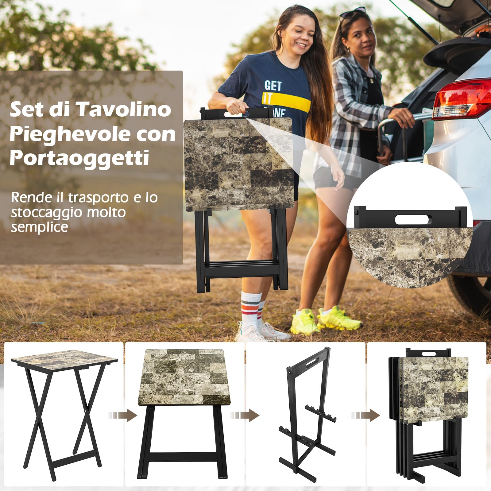 COSTWAY Set di 4 Tavolini Pieghevoli, Tavolio da Giardino in Legno, Maniglia per il Trasporto, Tavolino Laterale Portatile per Giardino Balcone Soggiorno, Portata 30 kg, 48 x 40 x 67 cm
