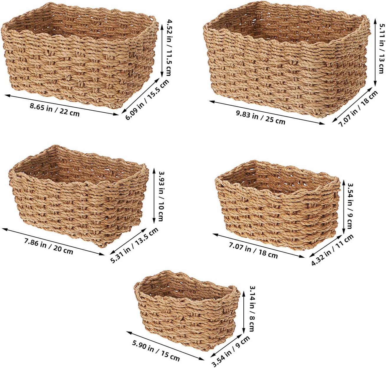ABOOFAN Handwoven Seagrass Storage Basket Set 5pcs, Multi-purpose Woven Desktop Organizer for Pantry, Shelf, and Clutter Storage, Khaki Tabletop Bins