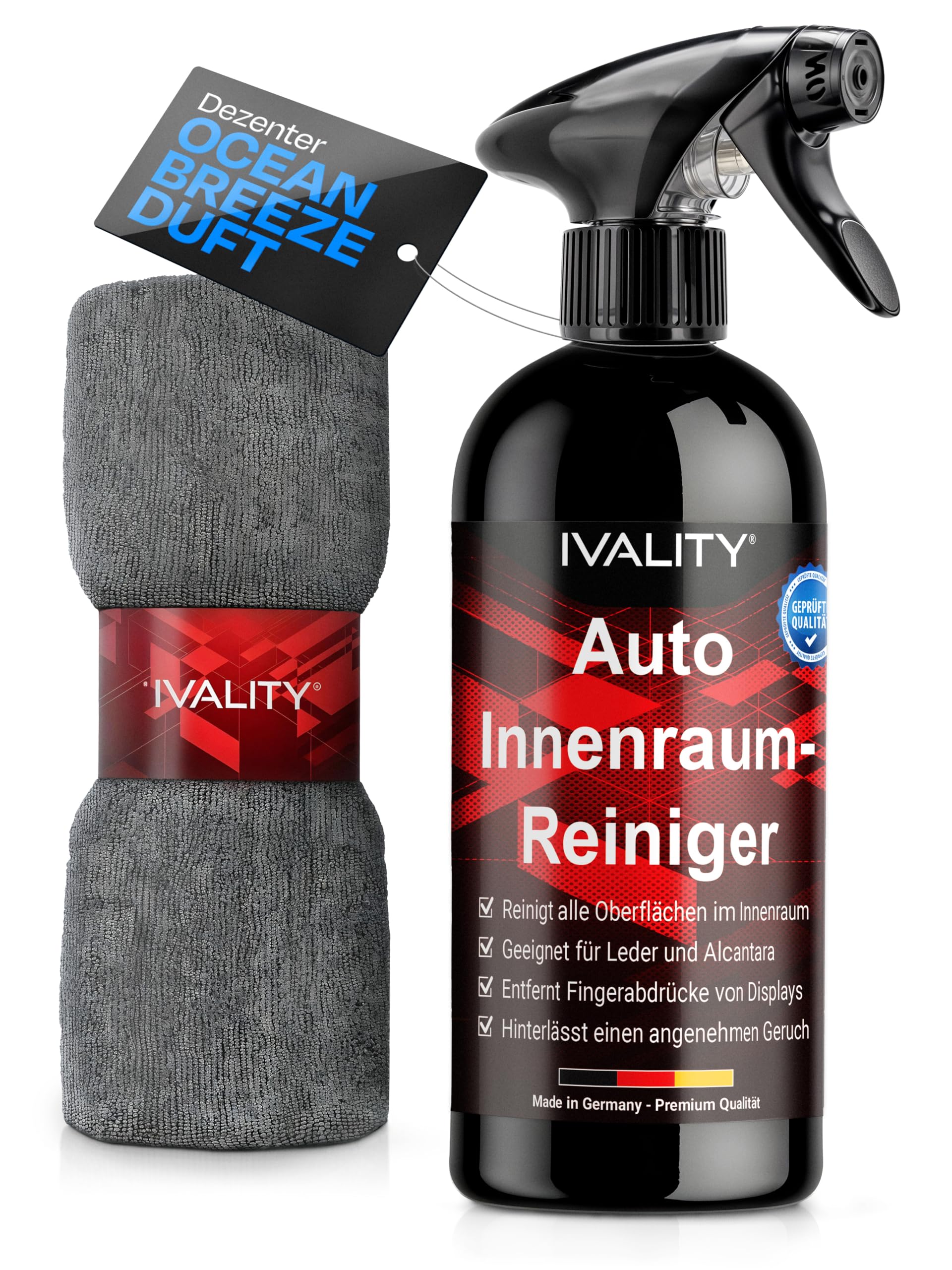 Ivality® Premium Auto Innenraum Reiniger 500ml - Cockpitpflege für die Innen Reinigung von Kunststoff, Polster, Leder & Armaturen - Auto Pflege Innenraumreiniger mit Mikrofasertuch - Cockpit Reiniger