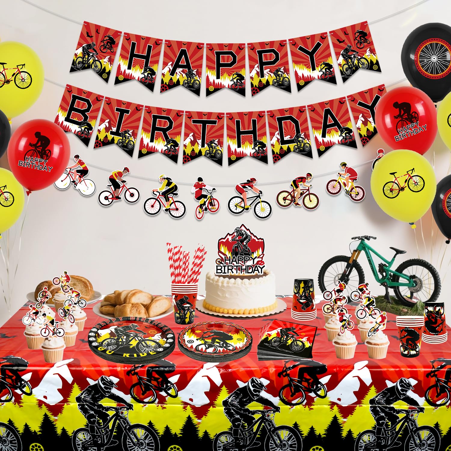 Decorazioni per feste di compleanno per bicicletta, accessori per feste in bicicletta, tra cui striscioni, piatti, decorazioni per torte, bicchieri, tovaglioli, palloncini, tovaglie, per 20