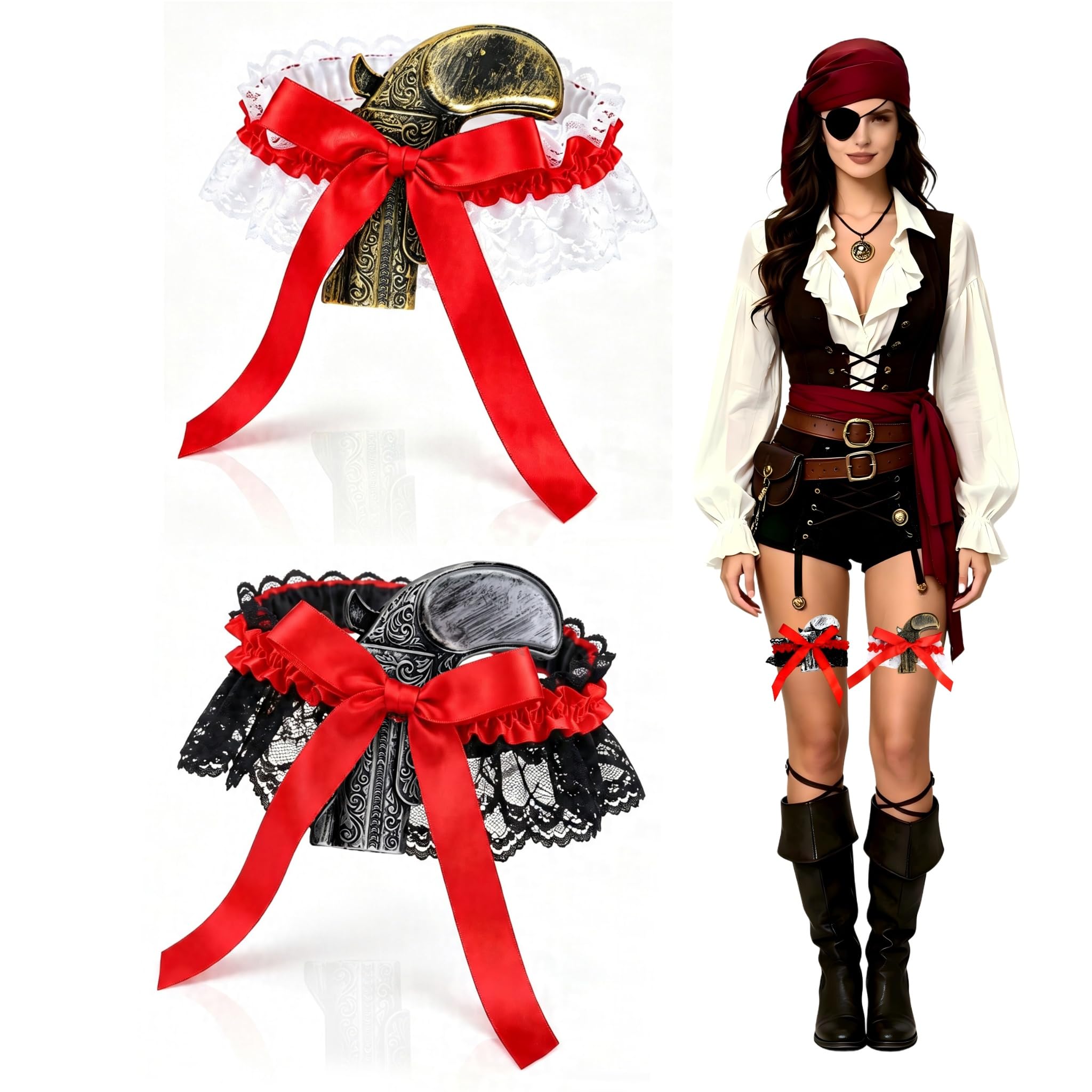 ZJEEACO Pirate Costume Women, 2 Pack Black White Lace Thigh Garter, Fake Plastic Toy Gun Prop, Red Bow Decor, Sexy Adult Outfit Accessory, Halloween Carnival Cosplay, Stage Party Fancy Dress Props