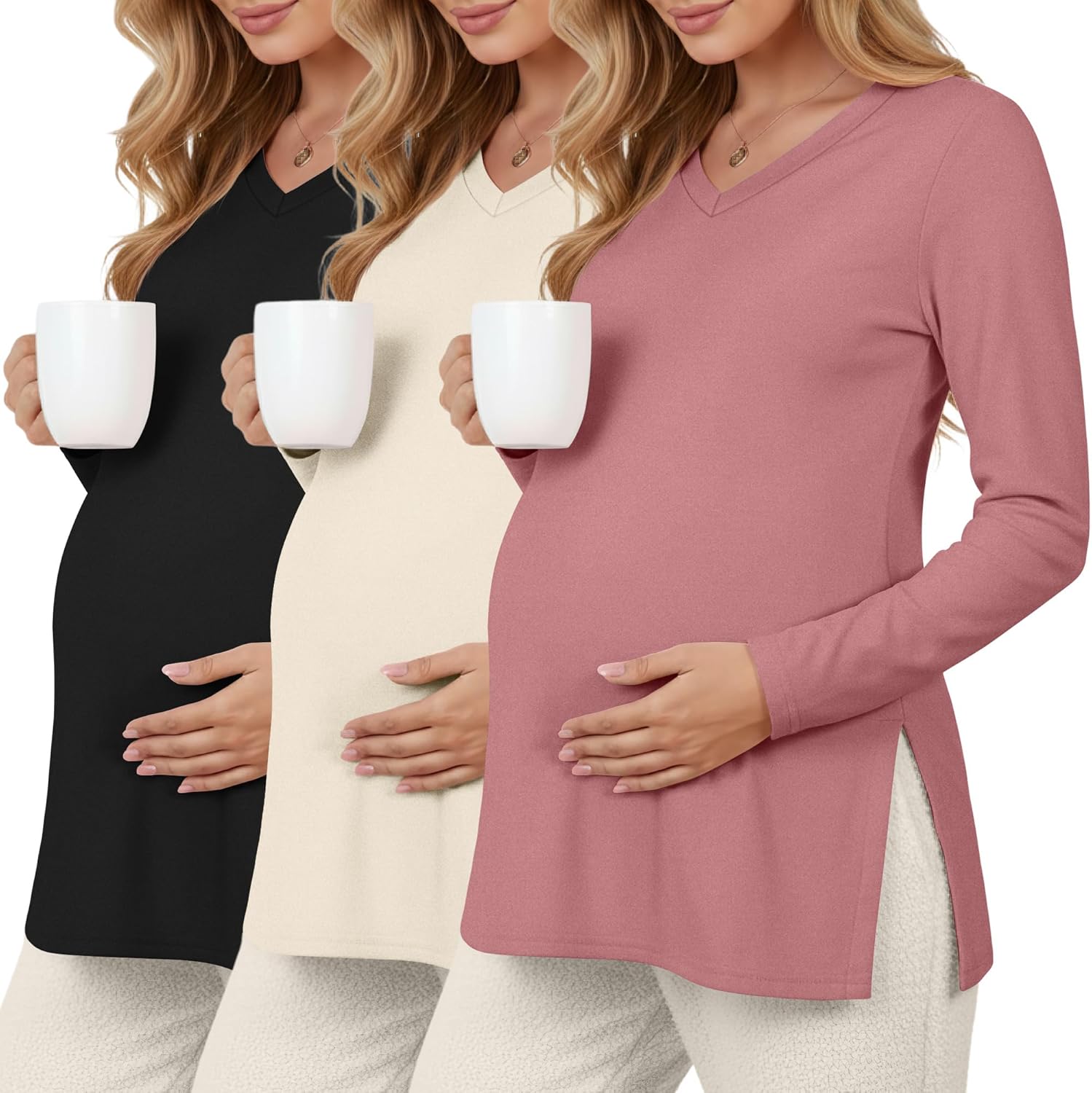 3 Pack Women's Thermal Maternity Shirts Fleece Lined Long Sleeve Tops Split Side V Neck Pregnancy Clothes