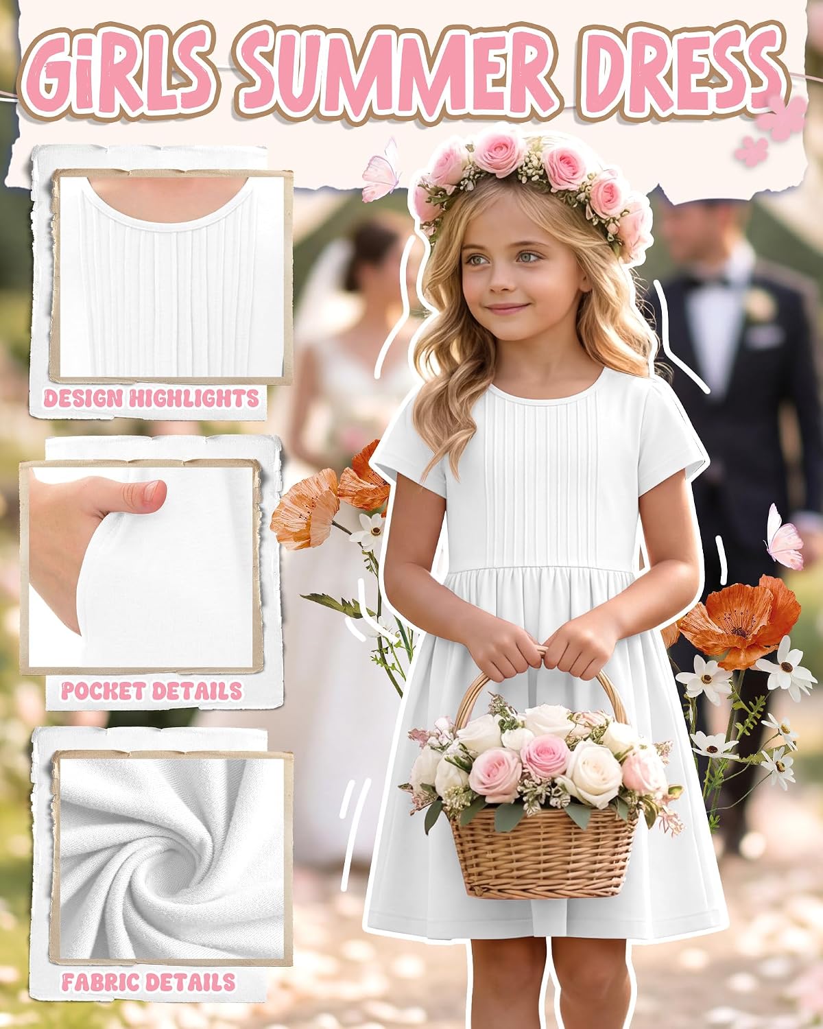Girls' Summer Pleated Dress with Pockets