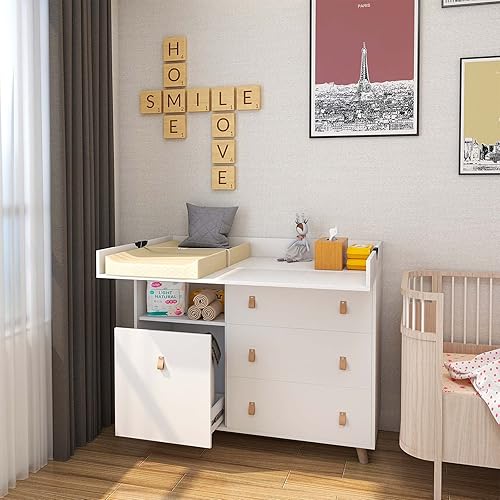 Miniatura 8 de BANIROMAY Cambiador 2 en 1 con 3 cajones cómoda de guardería con rieles de seguridad y cesta de lavandería cómoda para dormitorio