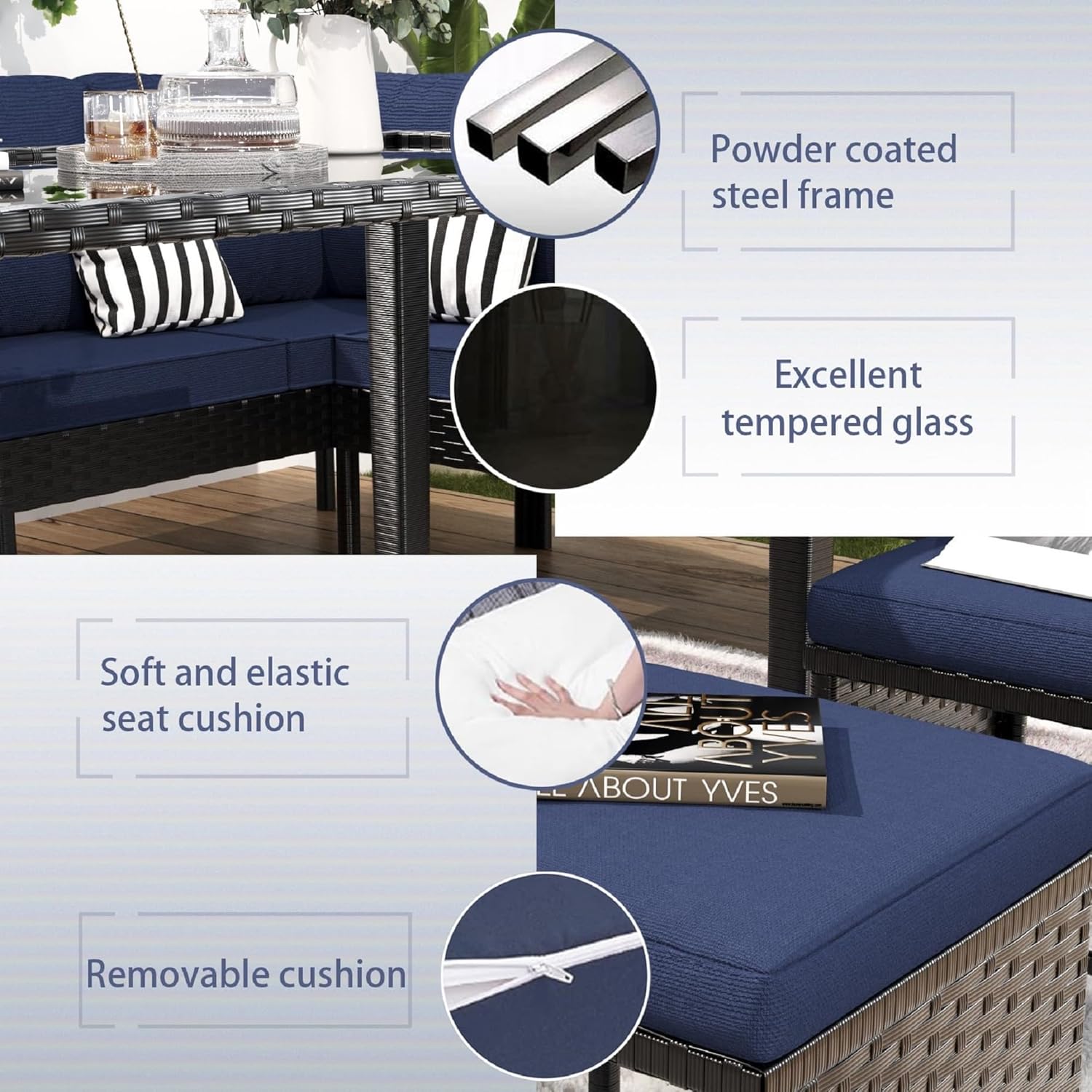 Luxurious 7-Piece Outdoor Furniture Set with Waterproof Cushions and Glass Table for Small Spaces(Blue)