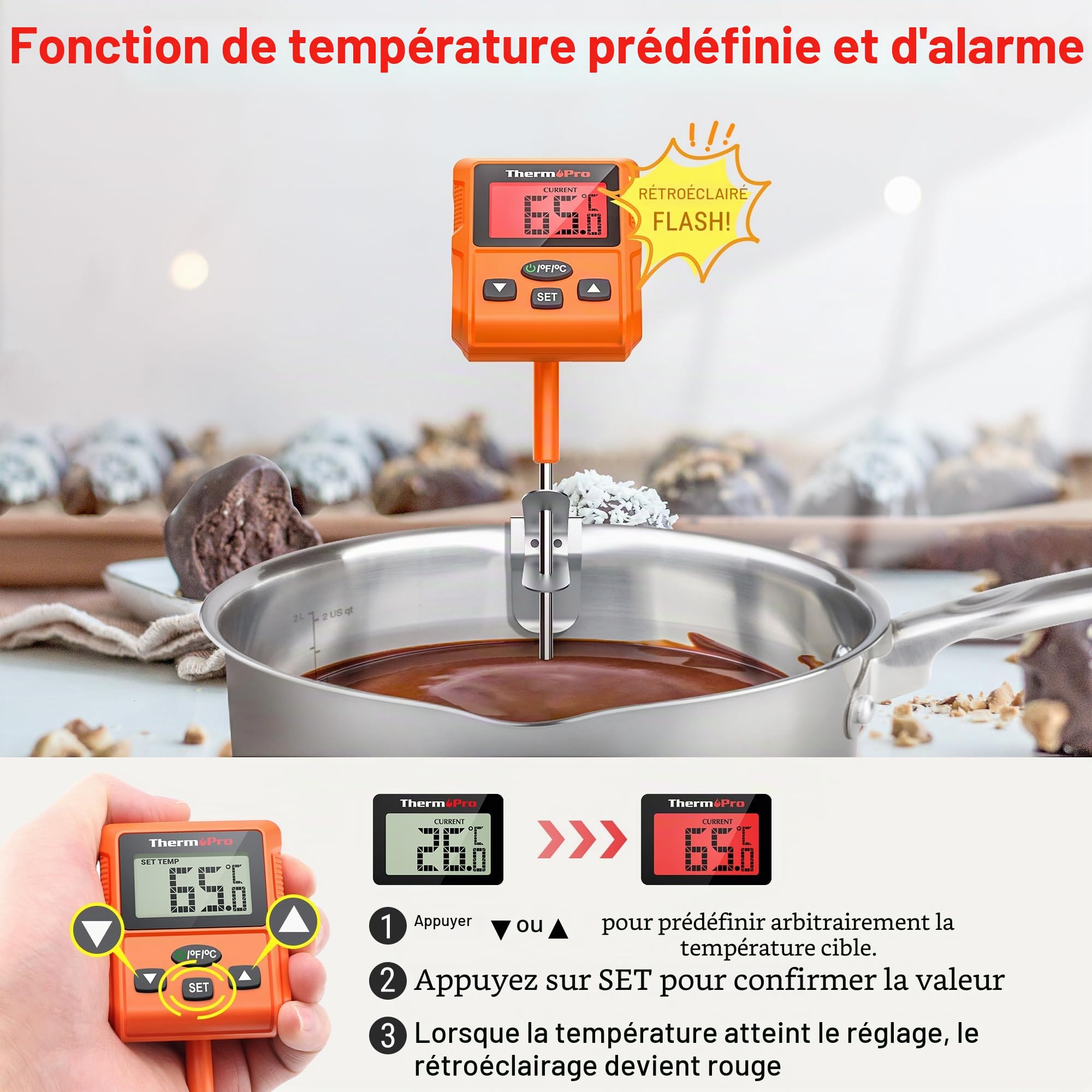 ThermoPro TP511 Thermomètre Numérique pour Bonbons avec Clip pour Pot, Thermomètre Alimentaire Programmable pour Viande avec Sonde Longue de 20cm pour Pâtisserie Grillade Bougie Huile Liquide Friture