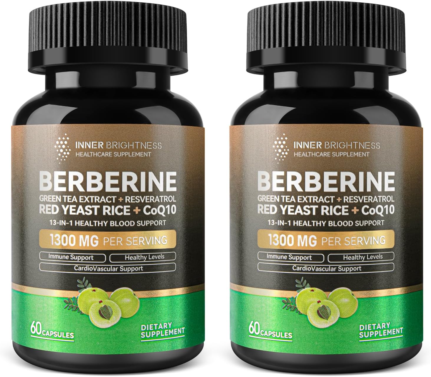 Berberine 1300mg with Green Tea Extract, Resveratrol, Red Yeast Rice & CoQ10 – 13-in-1 Immune Health, Natural Metabolic Support – 60 Capsules – Non-GMO, Lab Tested – 2 Pack