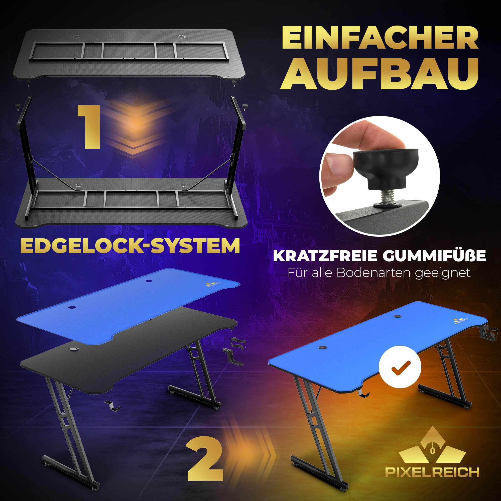 Gaming Tisch 160x70 – Schreibtisch mit XXL Mauspad & Kabelmanagementsystem – für PC Zocker & Gamer | Blau