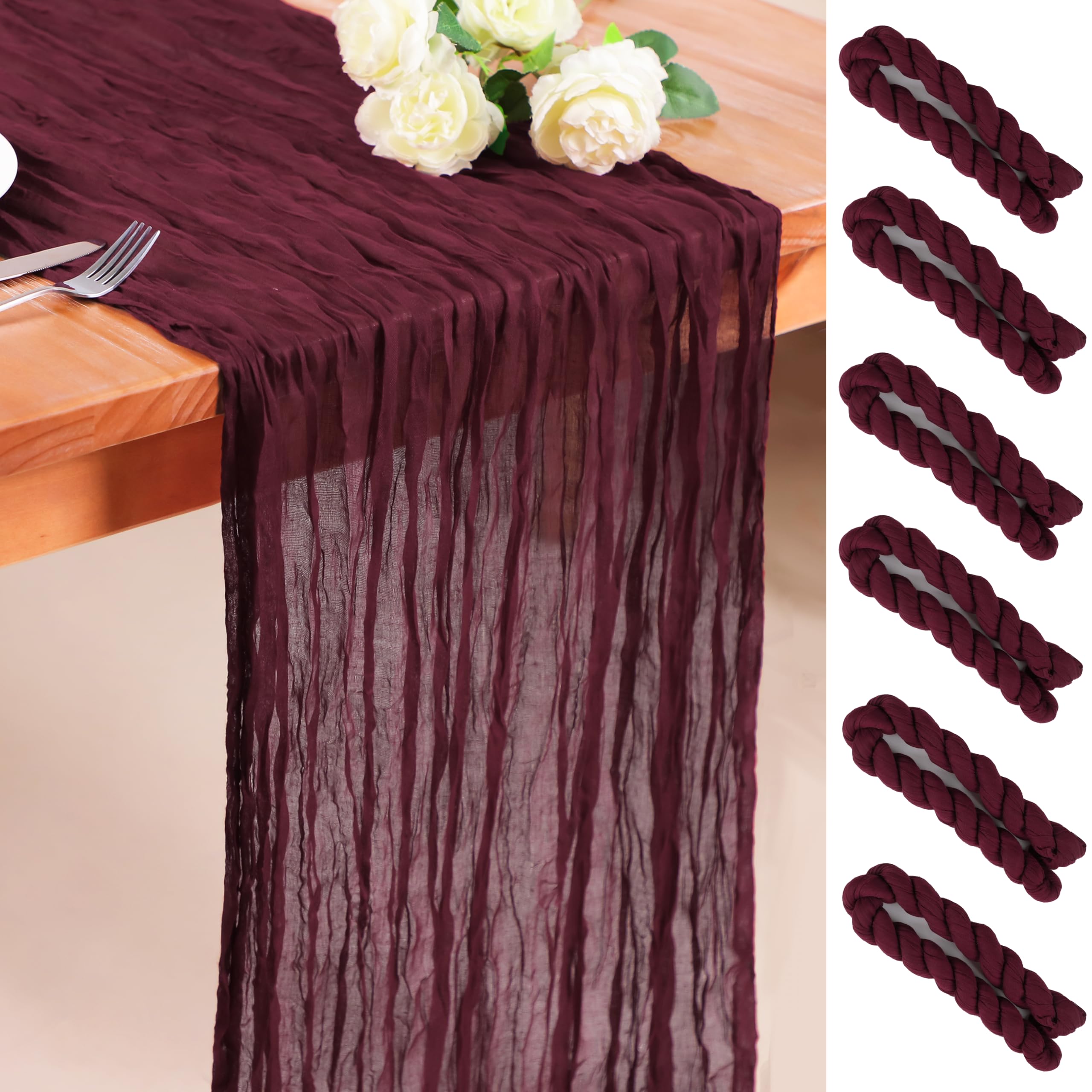 Snowkingdom 6PCS 10 Ft Burgundy Red Cheesecloth Table Runner, 120inch Long Cheese Cloth Boho Gauze Runner for Wedding Bridal Baby Shower Birthday