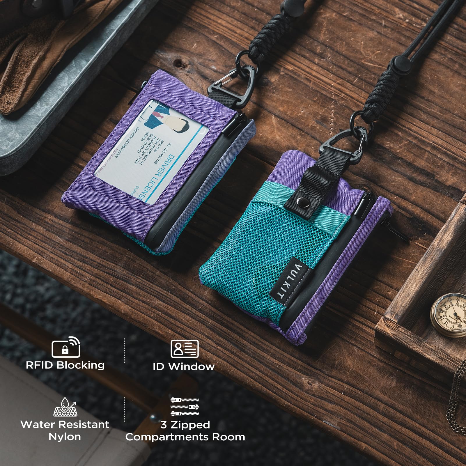 VULKIT Cartera pequeña Minimalista con Ventana de identificación, Tarjetero con Bloqueo RFID Cartera Resistente al Agua con Cremallera para Tarjetas de identificación (Verde Aaua-Morado)
