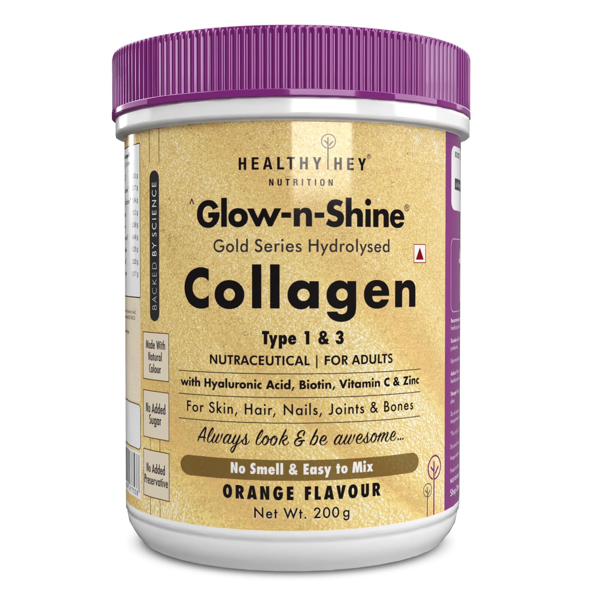 HealthyHey Skin Glow-n-Shine® Collagen Powder 200g | Hydrolysed Collagen for Women and Men with Hyaluronic Acid, Biotin and Vitamin C for Healthy Skin, Hair and Nails - (Orange, 200gm)