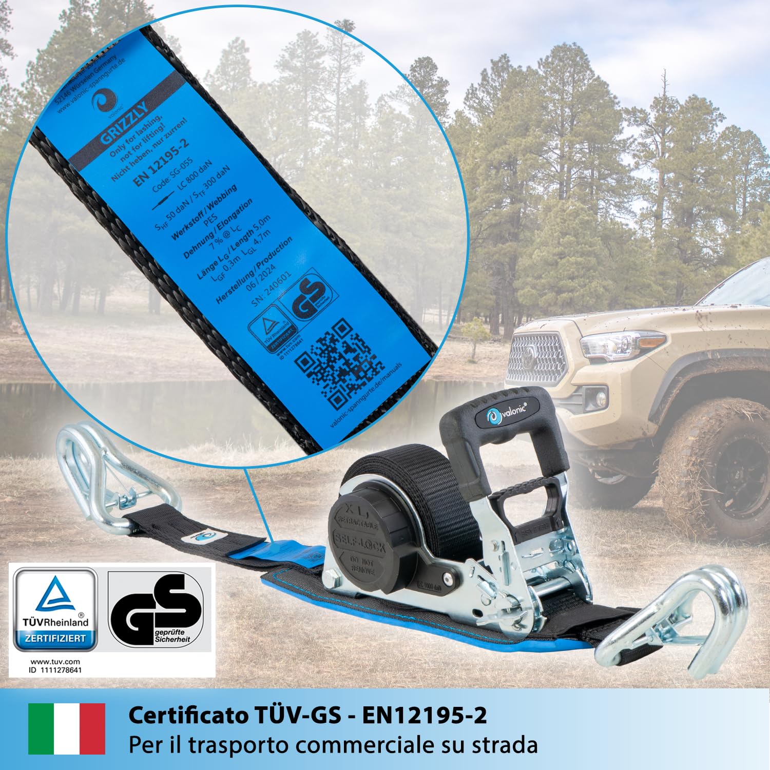 valonic GRIZZLY - 2x 5m XXL Cinghie di fissaggio automatiche con gancio a moschettone, 35mm, 800/1600 Kg, imbottite, certificate TÜV Rheinl. e GS, EN 12195-2 - con cricchetto, nero