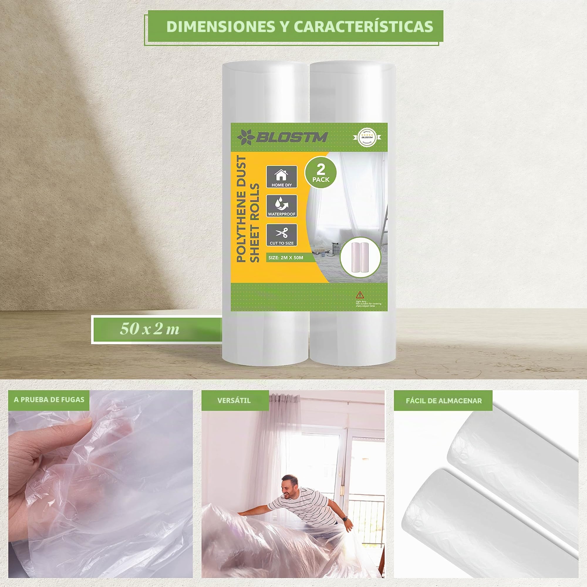 BLOSTM Plasticos para Cubrir Muebles - 2m x 50m Grande Rollos de Plastico Protector 2pcs para Muebles, Alfombras y Decoración - Plastico Cubretodo Exterior y Interior Impermeable (2 Piezas)