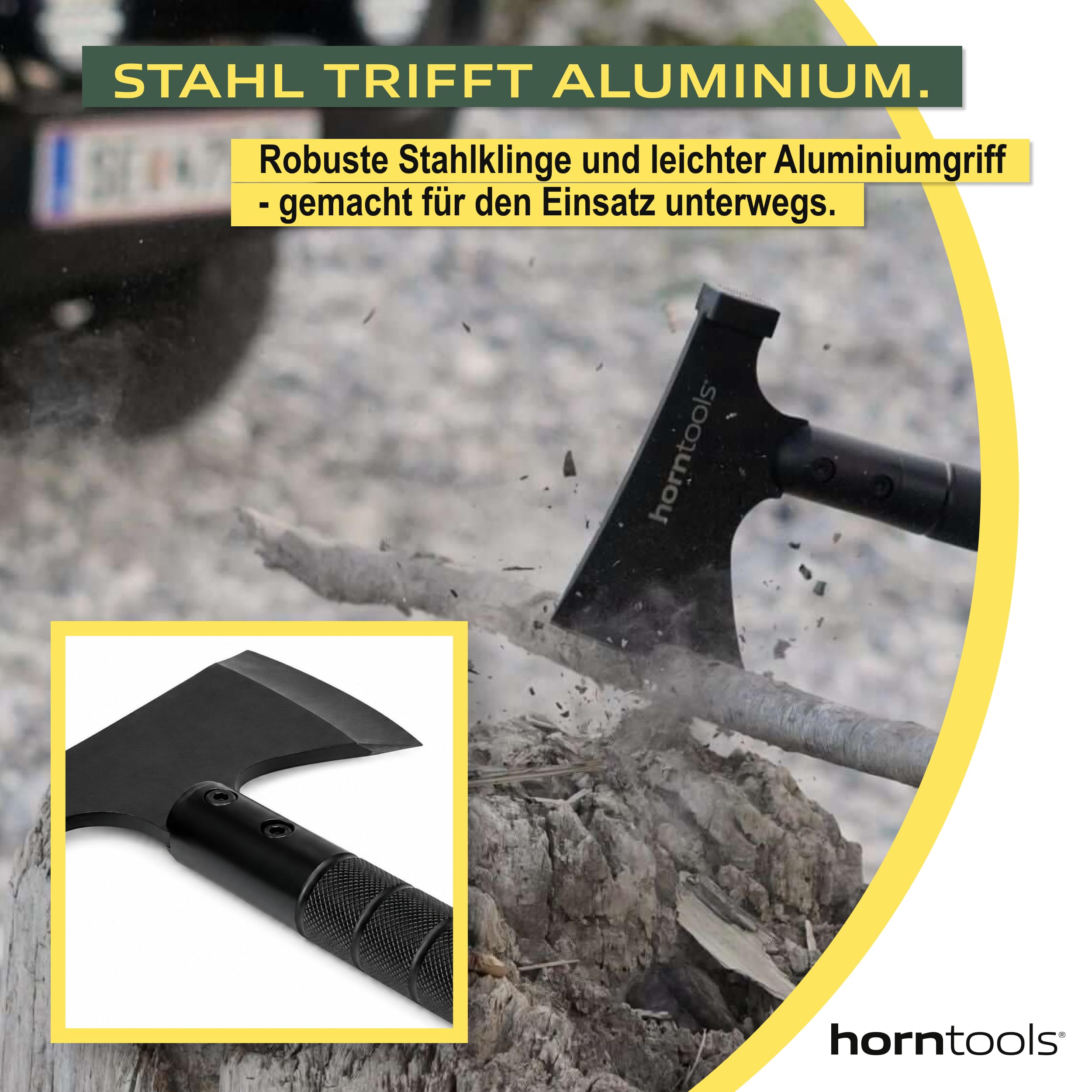 HORNTOOLS Outdoor Axt Survivor - Handbeil Set für Camping, Wandern & Outdoor - Multitool Camping Beil mit Hammer, Säge, Messer, Kompass, Feuerstein, Alarmpfeife, Körner - 850g, 34cm