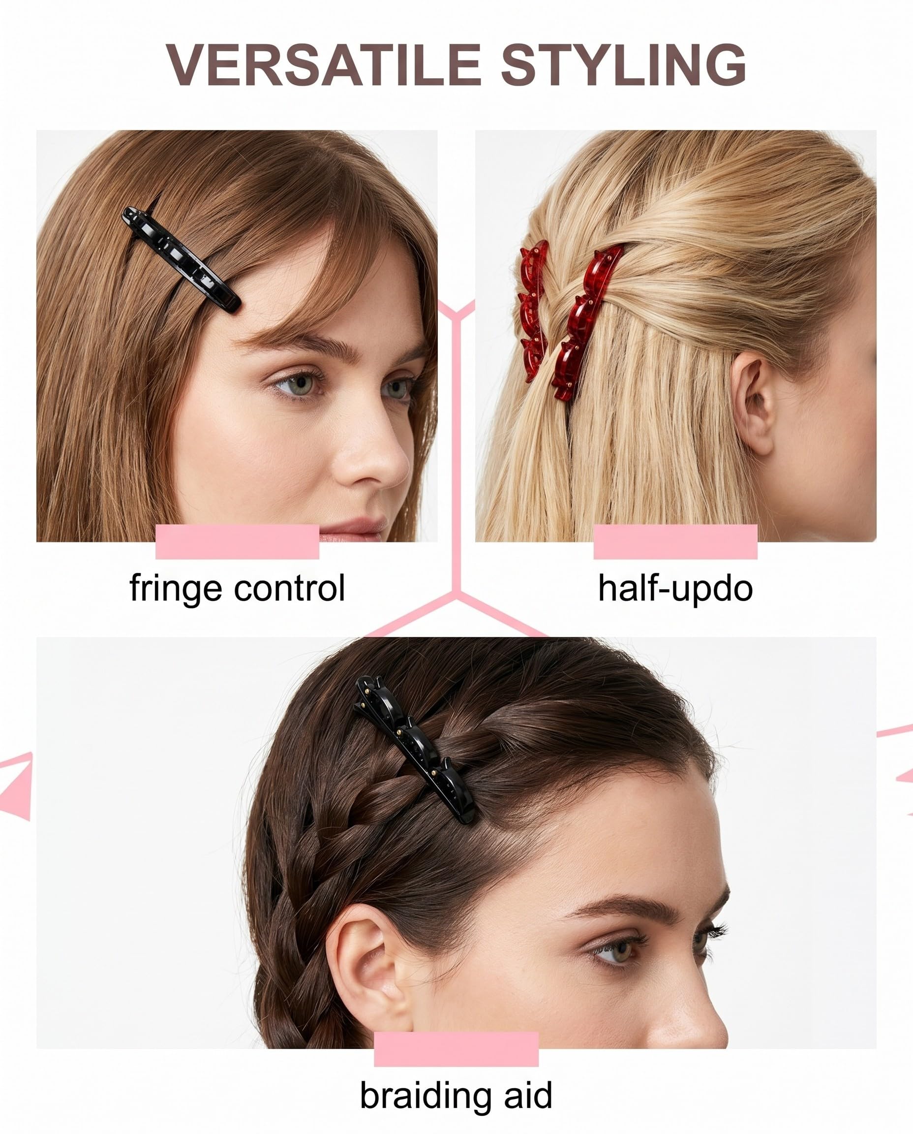 Set 4pz Cerchietto con Clip Doppia Strato & Elastici per Capelli. Fermagli Antiscivolo per Frangia, Aiuto Trecce, Stili Donna.
