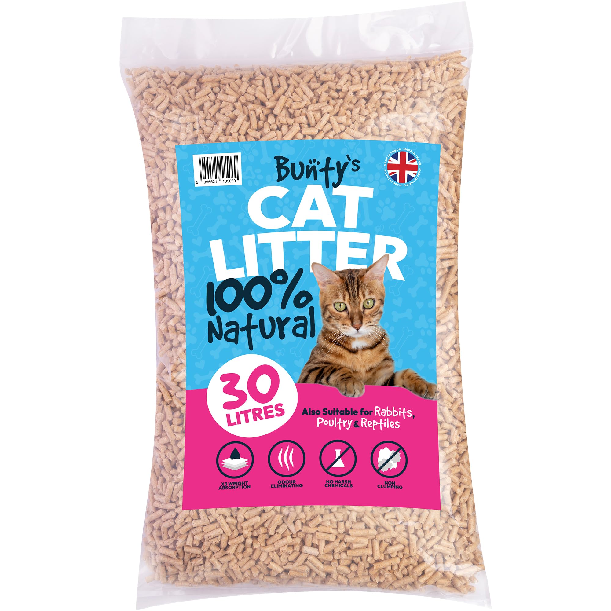 Bunty Cat Litter, 30L - Cat Litter Wooden Pellets with Natural Fresh Scent - Ultra-Absorbent Wood Pellets, Dust-Free, Odour Control, Biodegradable, Non-Clumping - 100% Natural