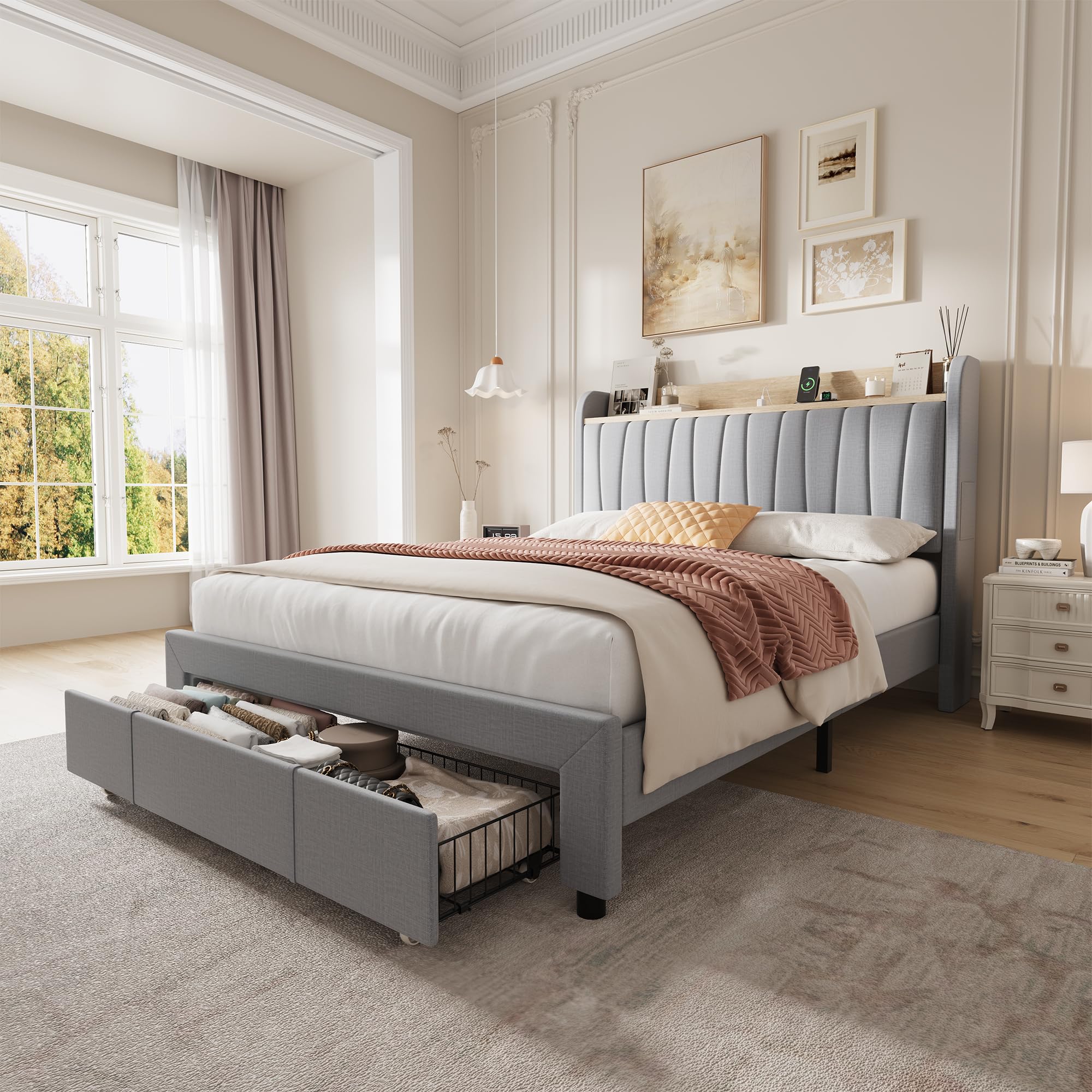 GarveeLife Queen Size Upholstered Bed Frame, Platform Bed with Storage Headboard & Charging Station, Drawer Storage, Heavy Duty, No Box Spring Required, Easy to Assemble,Gray
