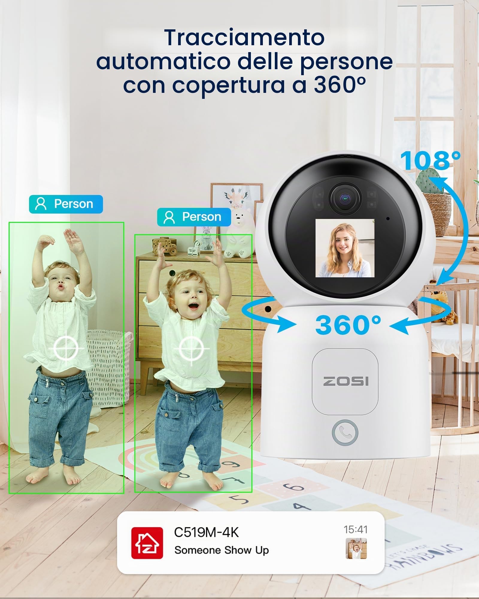 ZOSI 4K Telecamera WiFi Interna, 8MP Videocamera a 2,4/5GHz con 1,44" Monitor, Videochiamata con Tacco o Gesto OK, Pan 360°/Tilt 90°, Rilevamento di Persone con Auto-Tracking, C519