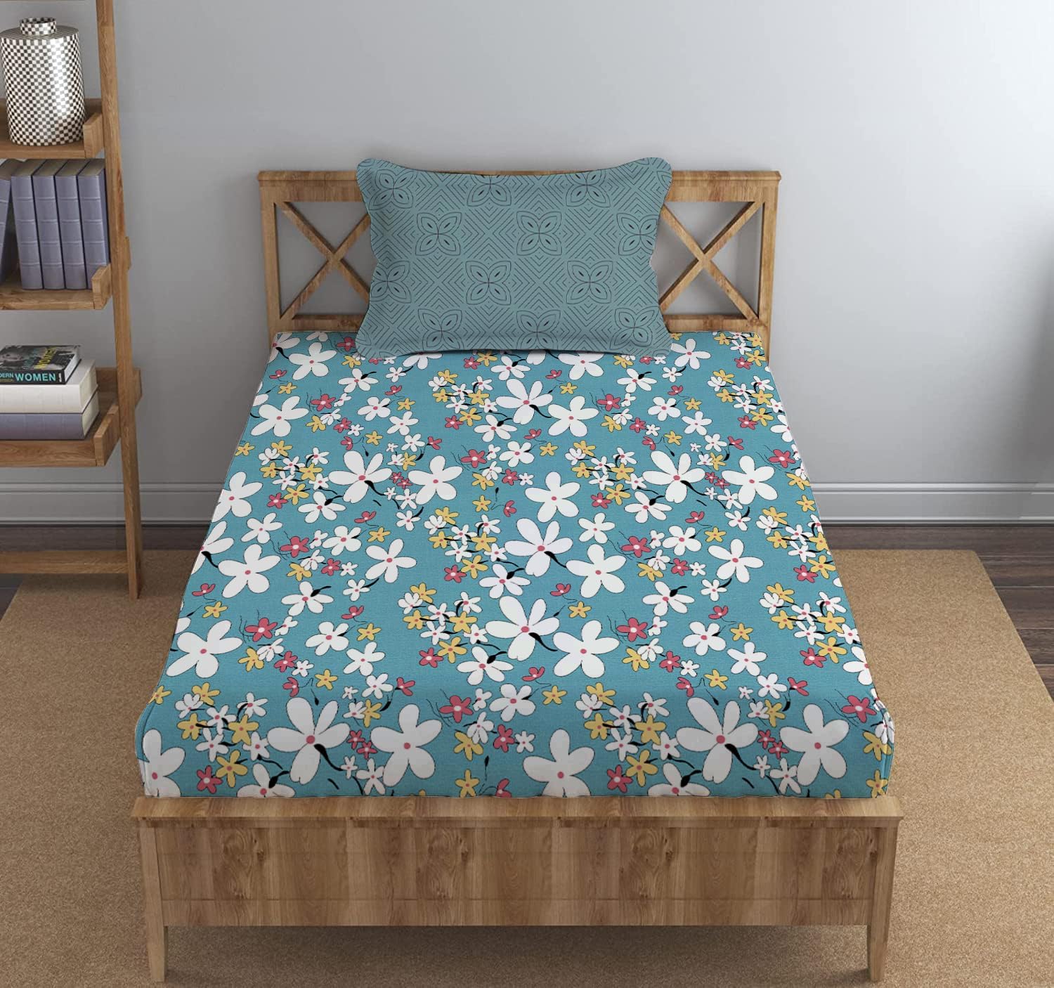 LOOMLYFE 300 TC Cotton Feel Glace Elastic Fitted Printed Single Bed Bedsheet with 1 Pillow Cover Fits Upto 6 Inches Mattress,Size- 42X75X8 Inches, SkyBlueFlower