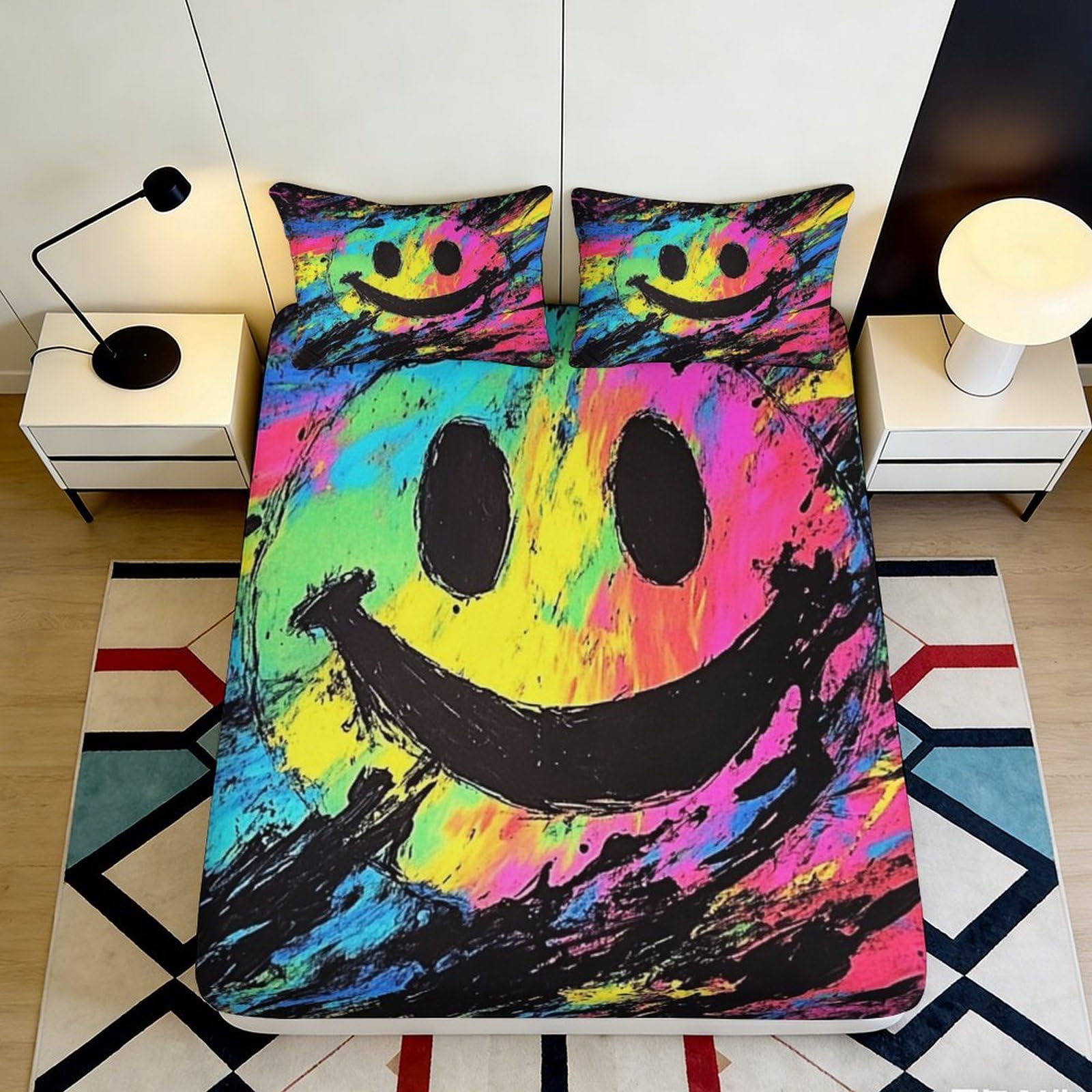 3D Printed Graffiti Smile Rainbow Fitted Sheet Microfiber Soft Anti-Slip Bed Cover for Bedroom Dorm Decor 200x200x25cm