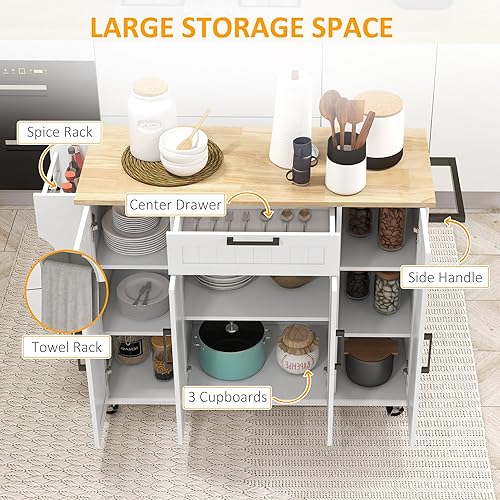 Miniatura 3 de HOMCOM Isla de cocina sobre ruedas, carrito de cocina rodante con parte superior de madera de caucho, cajón, estante para especias, toallero,