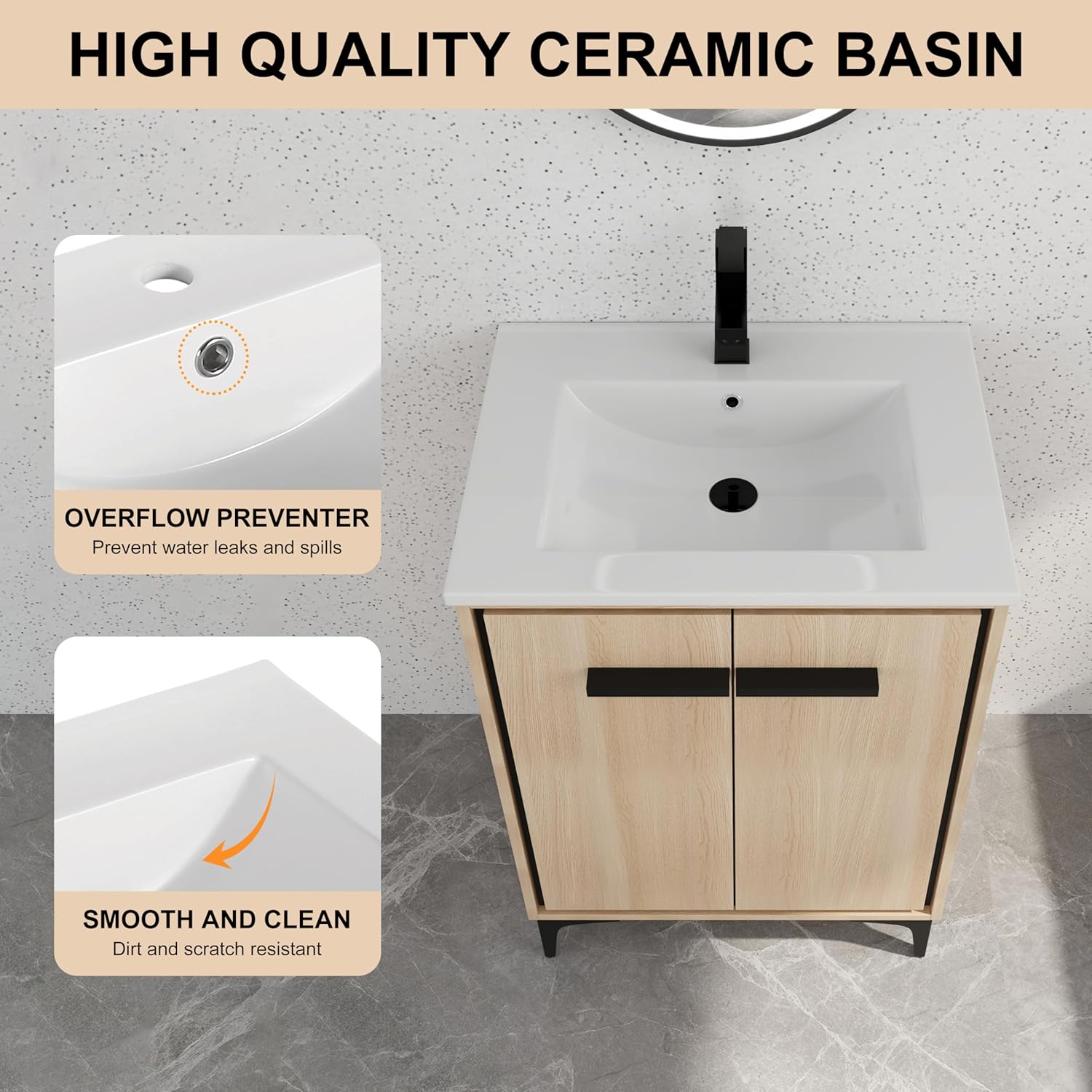 24 Inch Bathroom Vanity with Sink,Bathroom Vanity,Bathroom Sink Cabinet,Modern Vanity with 2 Door and White Ceramic Basin Sink Top,Freestanding Storage Cabinet for Small Space