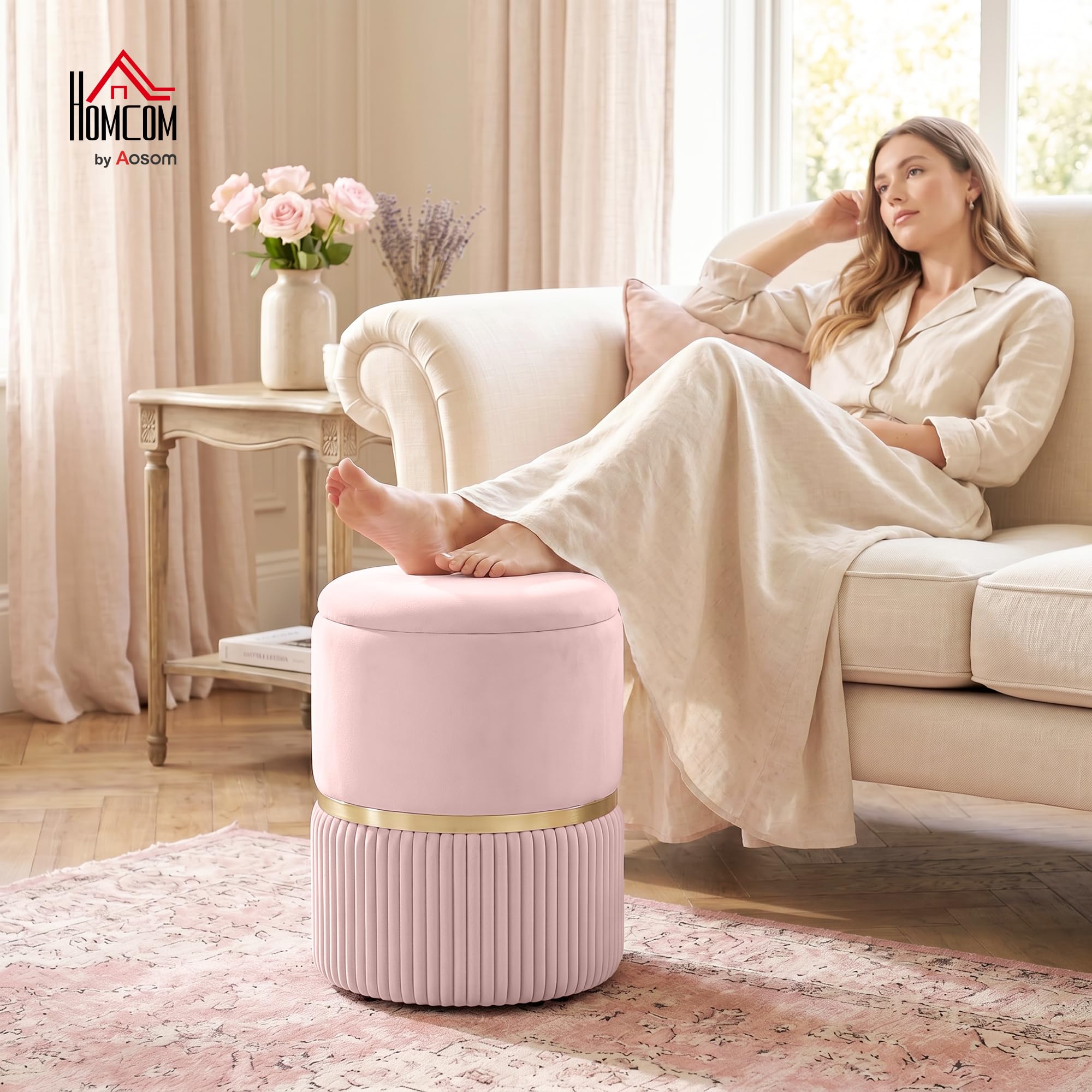 HOMCOM Pouf Taburete Reposapiés Baúl 36x36x44cm Rosa