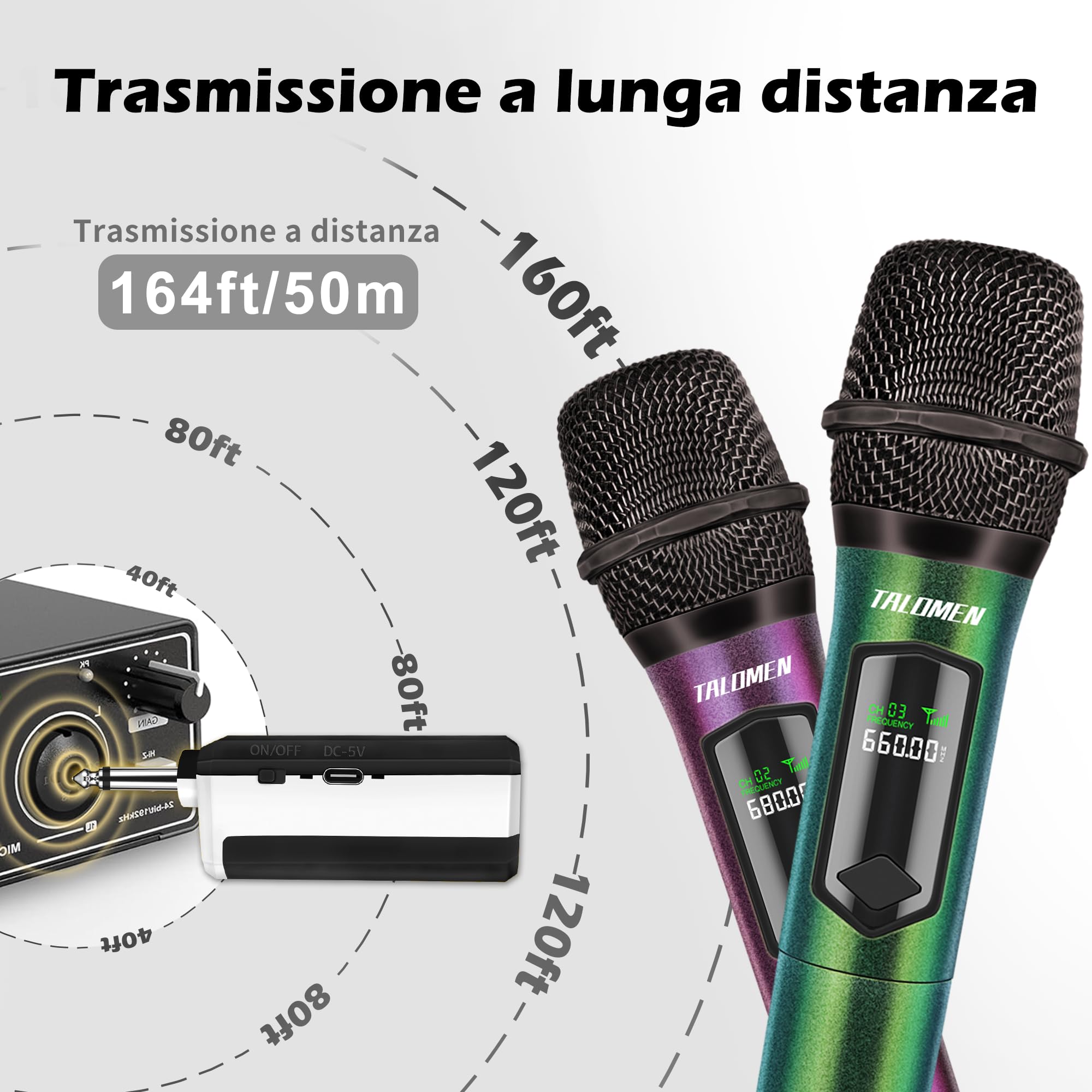 talomen Microfono wireless karaoke 2,4 GHz, microfono dinamico portatile professionale con ricevitore ricaricabile, per canto, karaoke, feste, esibizioni dal vivo, K604 Argento, Nero, Verde, Viola