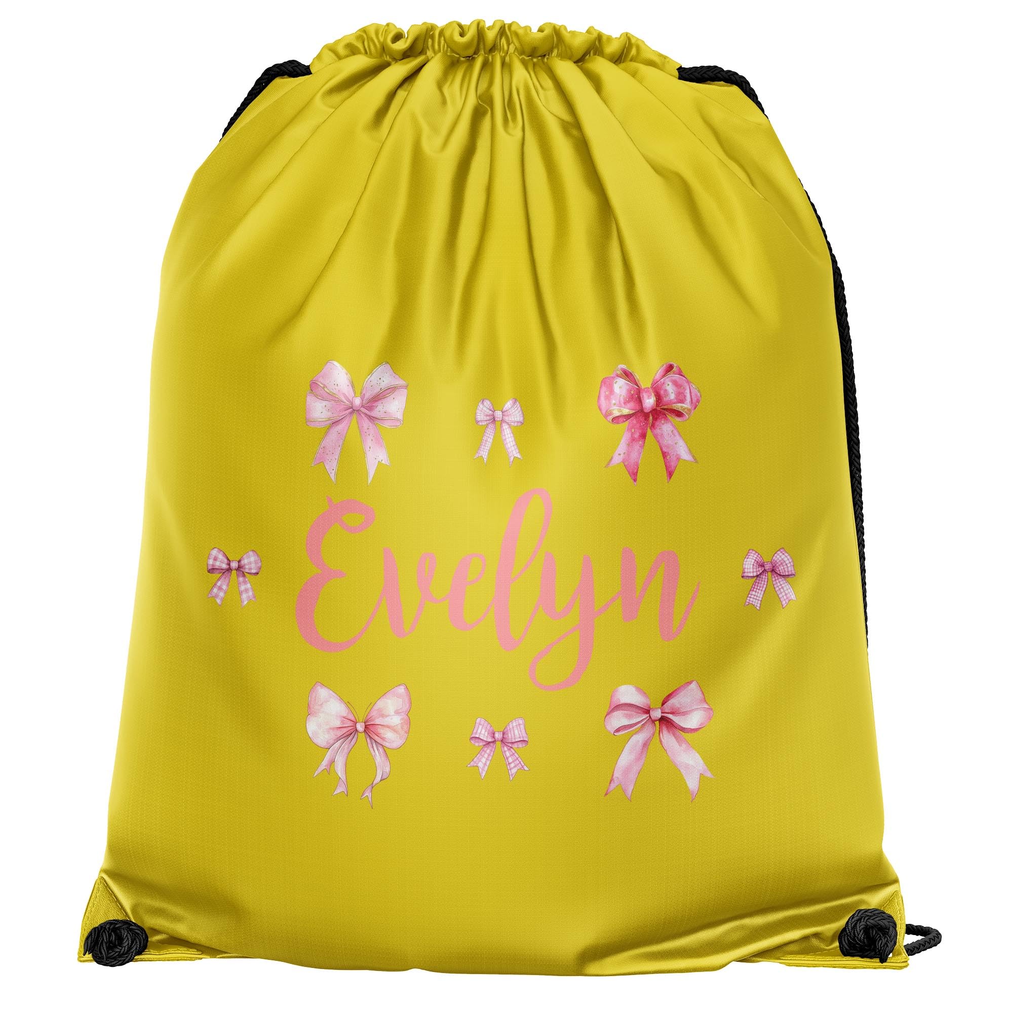Purple Print House Girls Personalised Bows Drawstring Bag Custom Name Back To School PE Sports Kit Bag Primary Kids Infants New Term Gift, One Size, Yellow