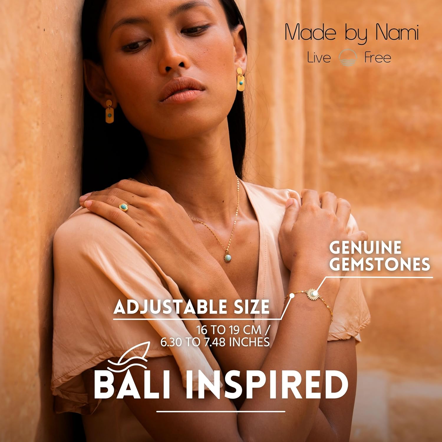 Made by Nami Sunflower Bracelet for Women 18K Gold Plated Adjustable Chain with Turquoise Stone Dainty Gold Charm Jewelry Minimalist Boho Bracelet Gift - Image 4