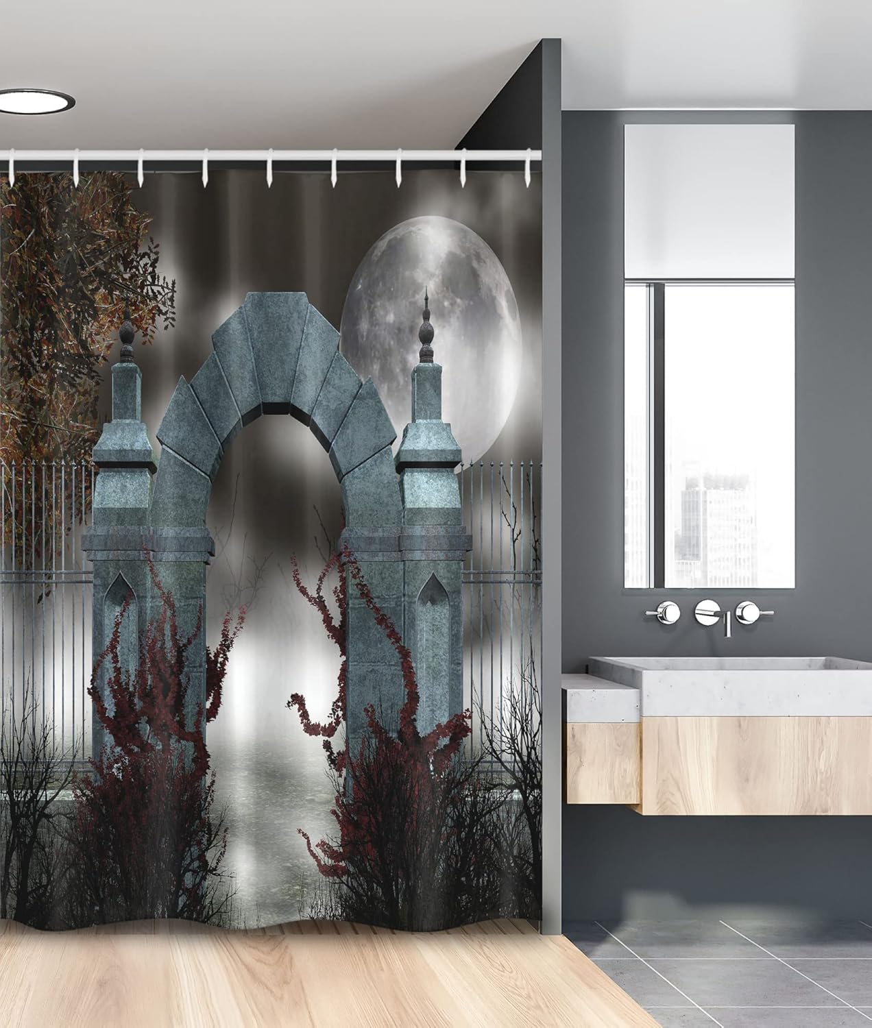Ambesonne Gothic Shower Curtain, Scary Medieval Middle Age Stone Door with Fog Moon and Ivy Dark Night Theme Art, Cloth Fabric Bathroom Decor Set with Hooks, 69" W x 70" L, Grey Red