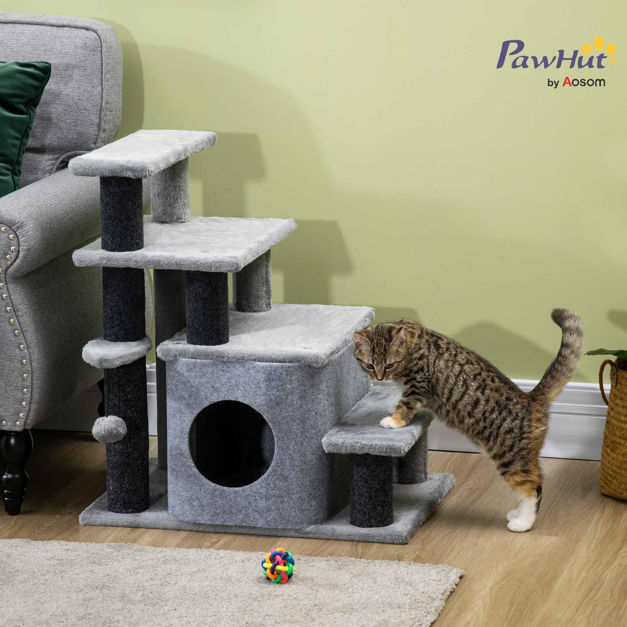 PawHut Scaletta per Cani con Gradino Rimovibile, Pallina Giocattolo e Area Interna, Scalini per Cani in Truciolato, Peluche e Sisal, 60x40x66 cm, Grigio