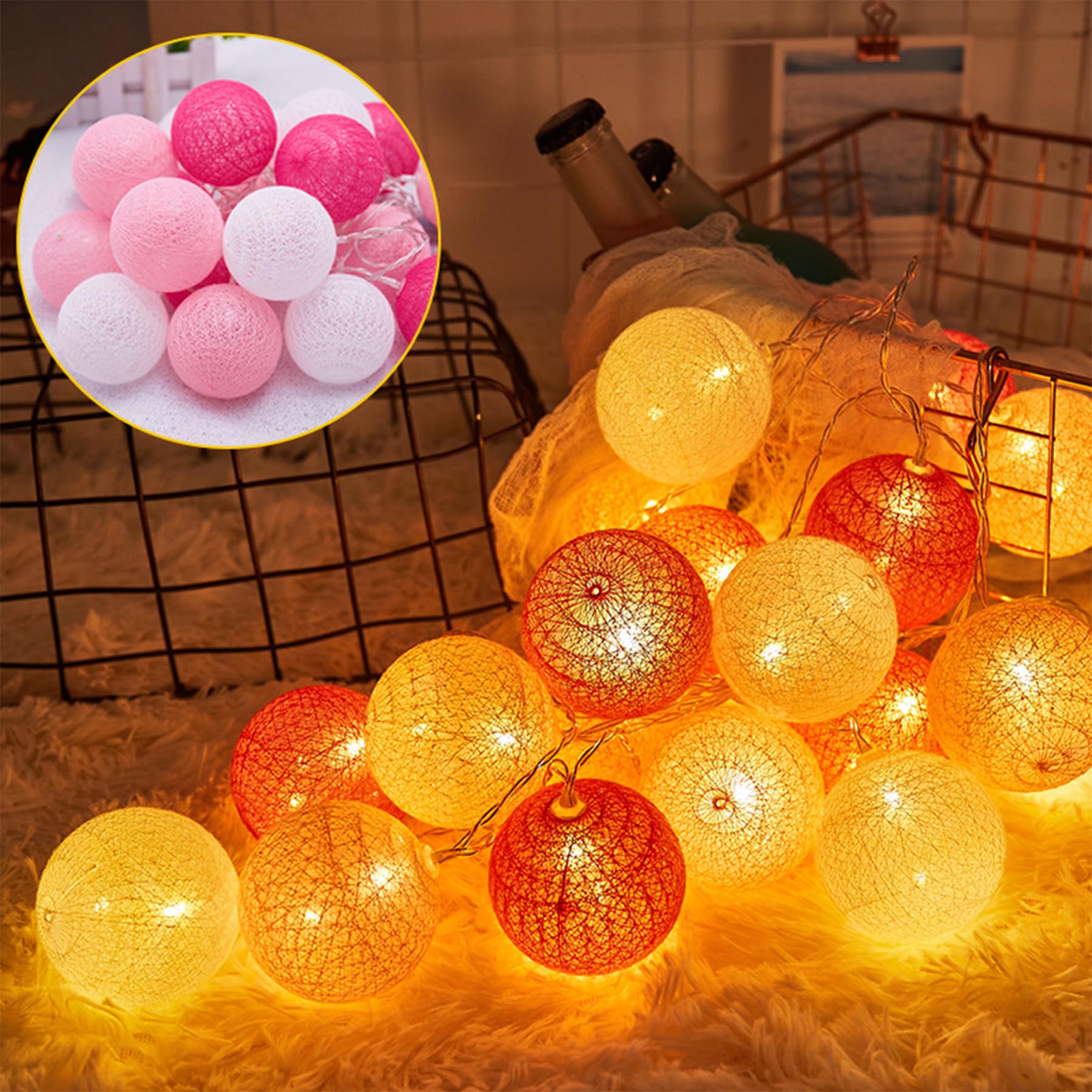 YeahBoom Guirlande Lumineuse Coton Boules Alimenté par Pile,300CM 20LED Guirlande Lumineuse Boule,pour Noël Halloween Anniversaire Mariage Chambre Enfant Fête